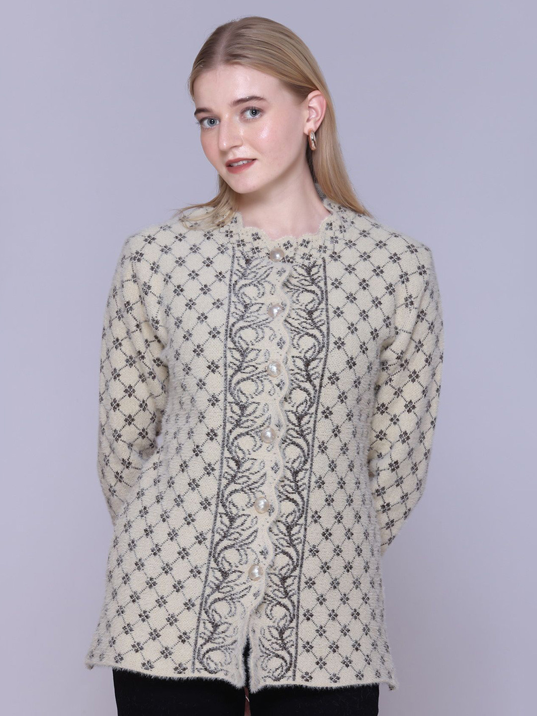 FASHSTORE Women Graphic Self Design Woolen Cardigan