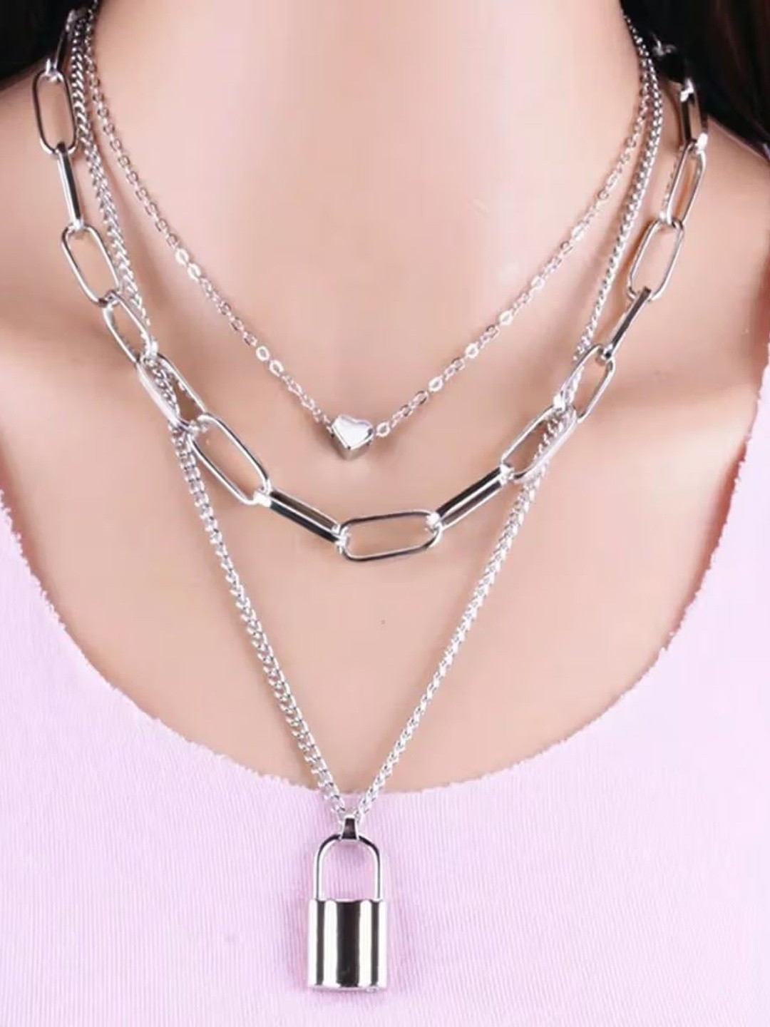 MASUMEEN TRADERS Three Layered Love Heart Lock Pendant Necklace