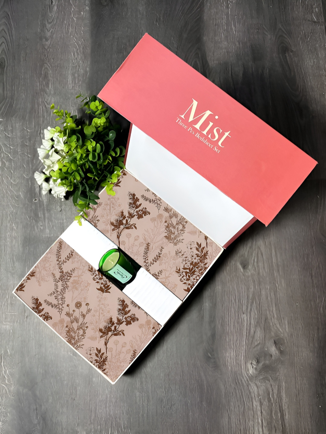 Florida Brown Printed Bedsheet Set With Mist Candle Gift Set