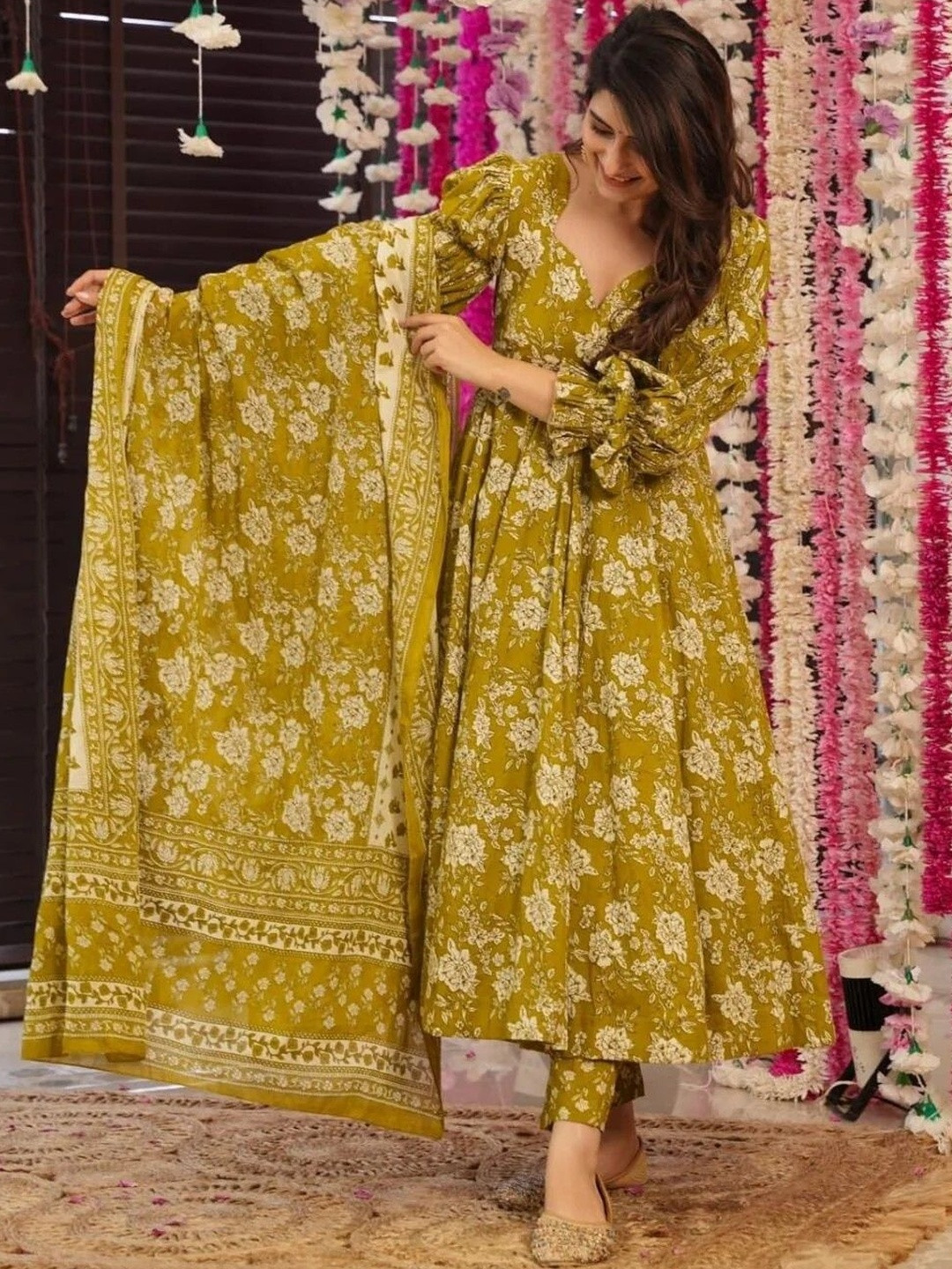 KALINI Floral Printed V-Neck Anarkali Kurta With Trousers & Dupatta