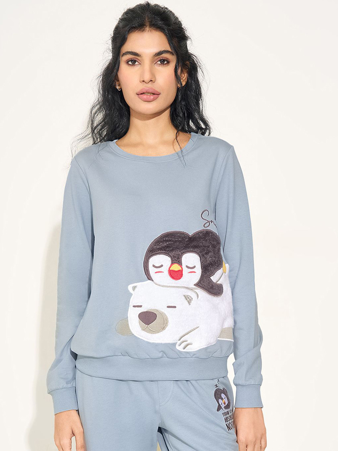 Dreamz by Pantaloons Women Penguin & Bear Embroidered Pure Cotton Lounge T-Shirt