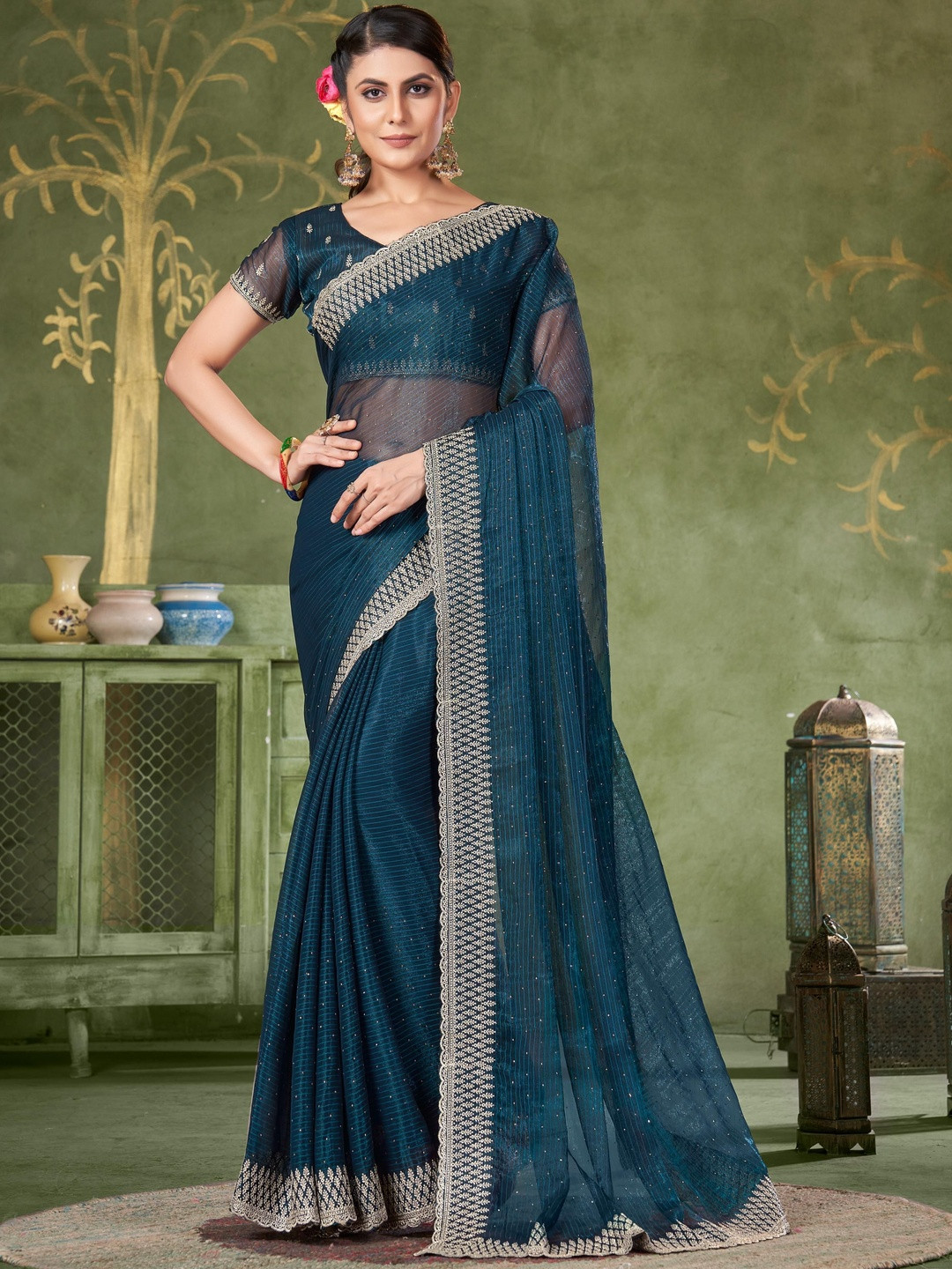 MAHALASA Ethnic Motifs Embroidered Beads and Stone Work Tissue Saree