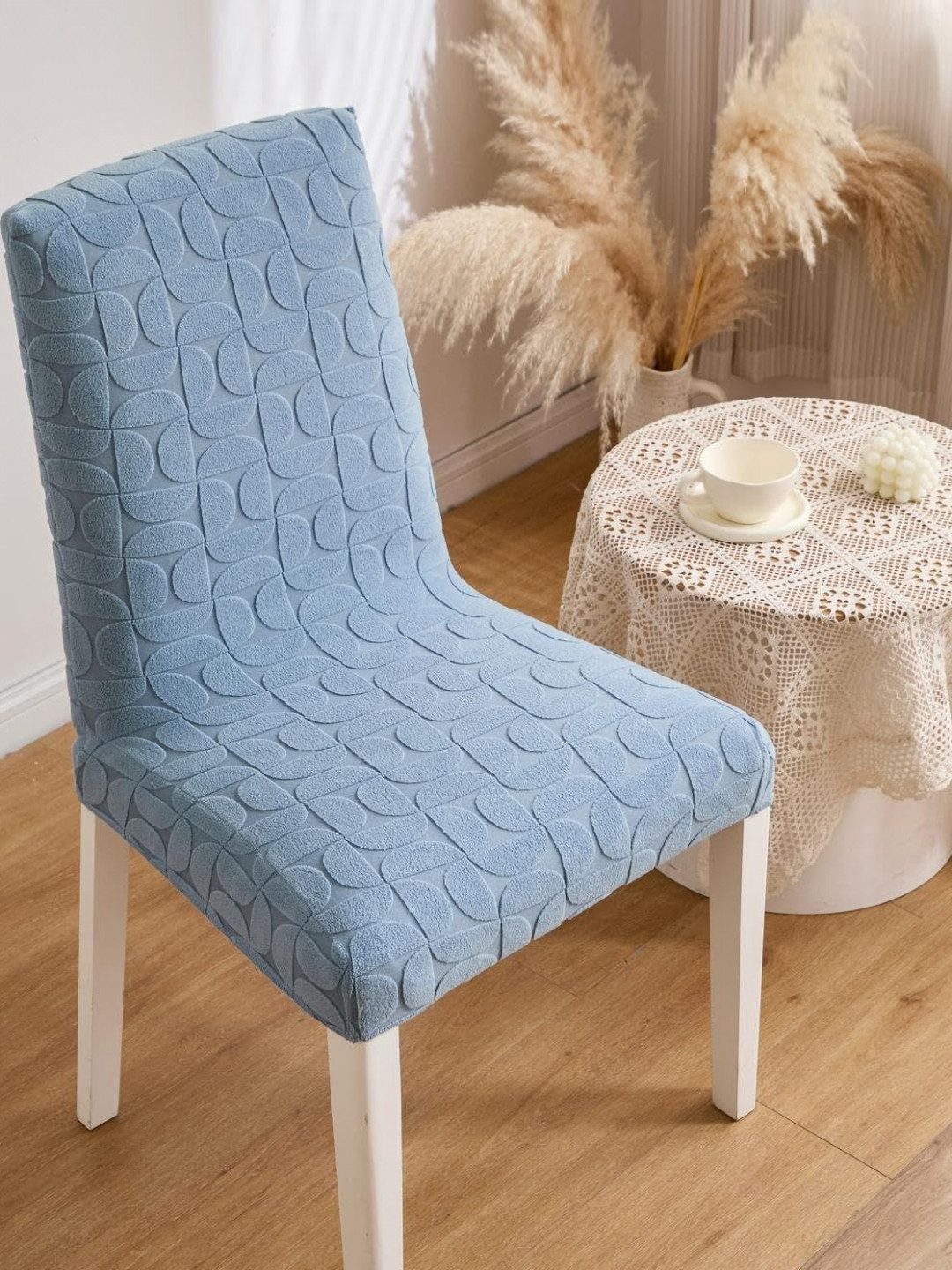 HOMETHREADS Blue Self Designed Jacquard Stretchable Chair Covers