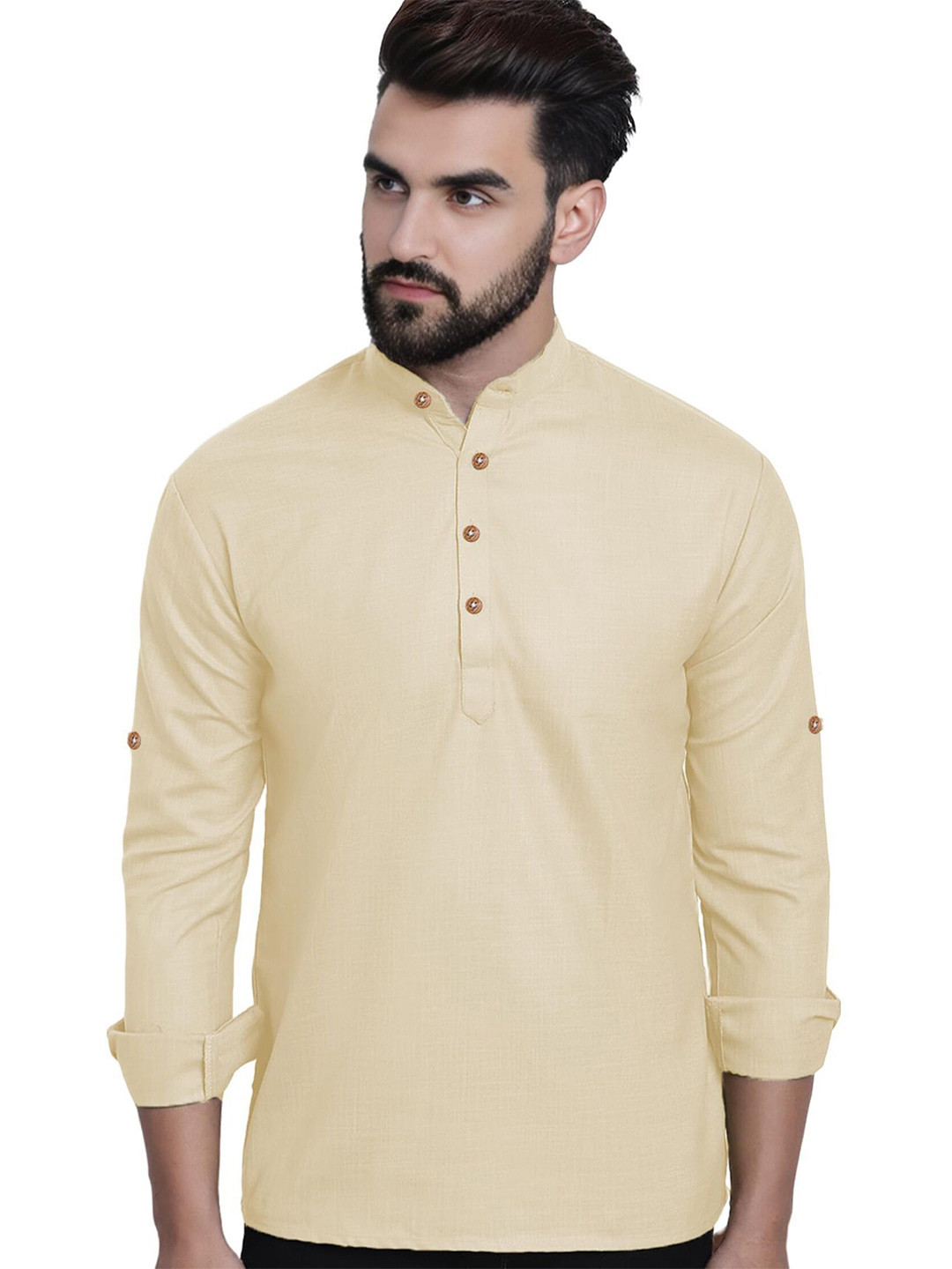 AMRIT TOP WEAR Men Mandarin Collar Roll-Up Sleeves Thread Work Kurta