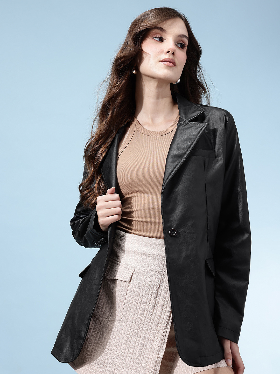 glitchez Notched Lapel Faux Leather Finish Single Breasted Oversized Overcoat