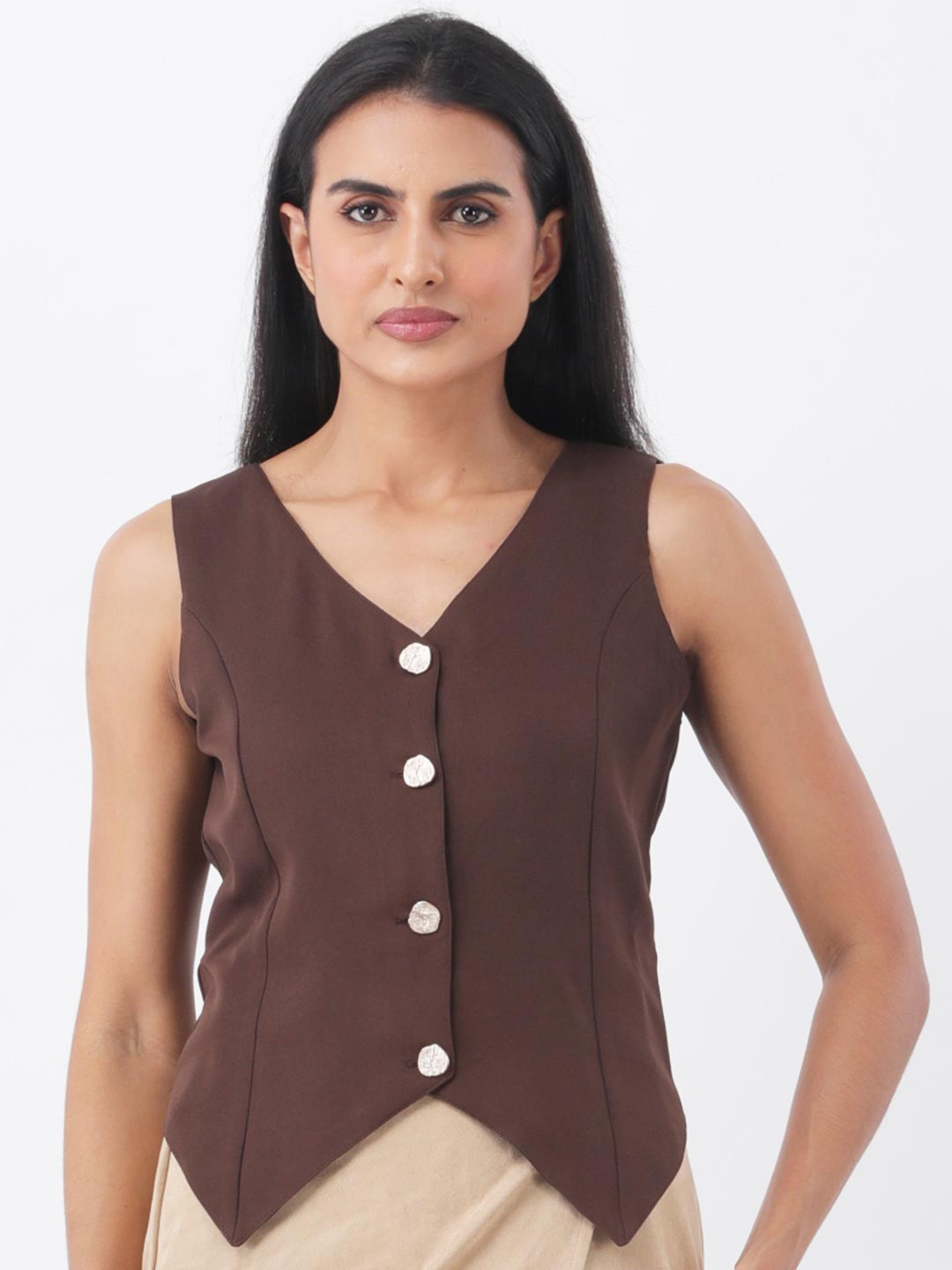 ANVI Be Yourself Solid V Neck Sleeveless Casual Metal Buttoned Waistcoat