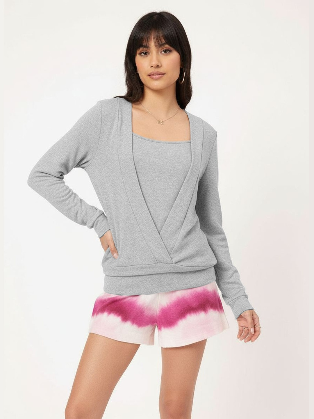 DressBerry Misty Haze Cardigan-Inspired Paneled Knit Top