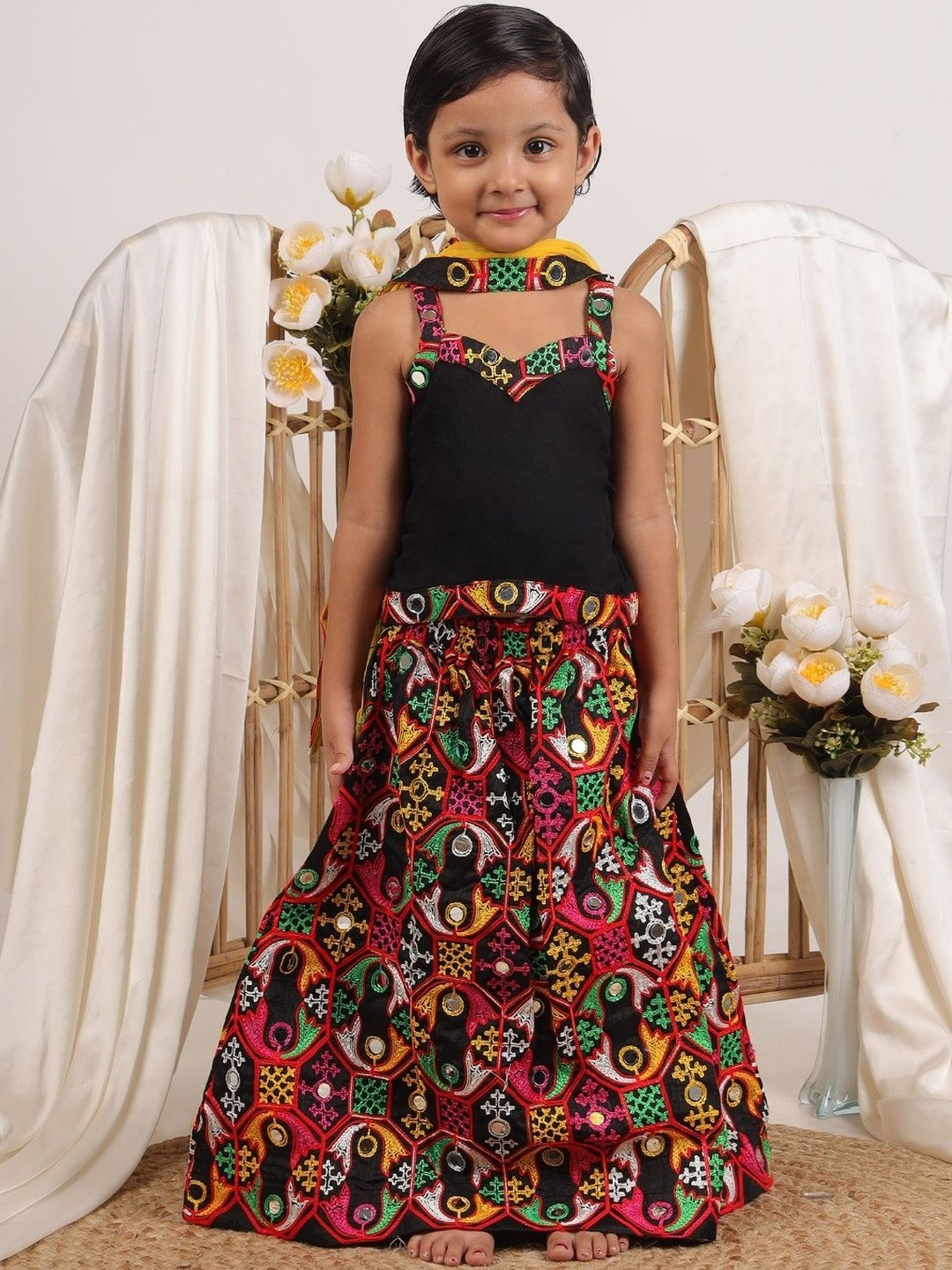 Sangria Girls Multi Colored Kutchi Embroidery & Mirror Work Lehenga Choli