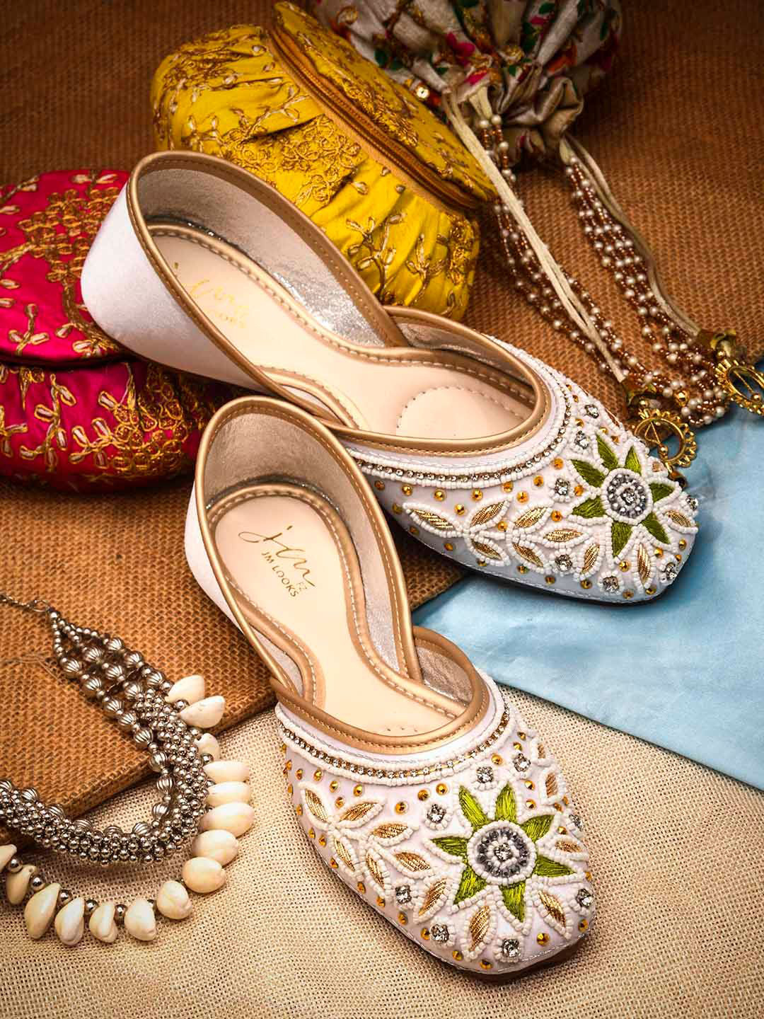 JM Looks Women Embroidered Floral Jutti with Bead Detailing