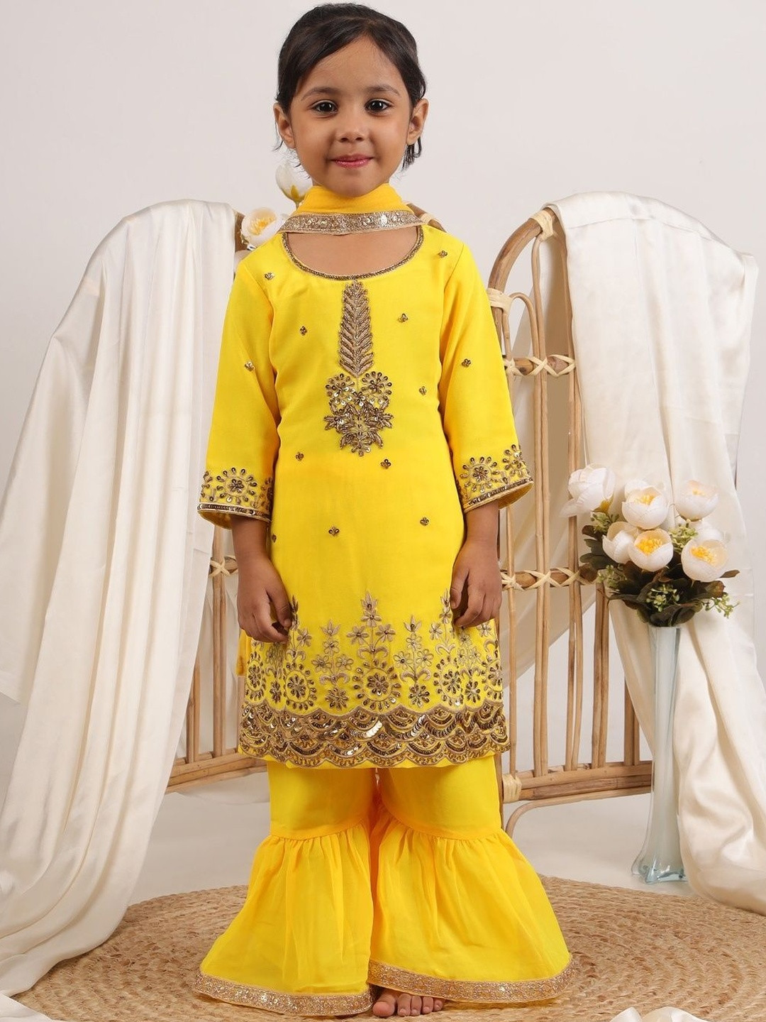 Sangria Girls Georgette Printed Top with Sharara & With Dupatta Kurta Sets