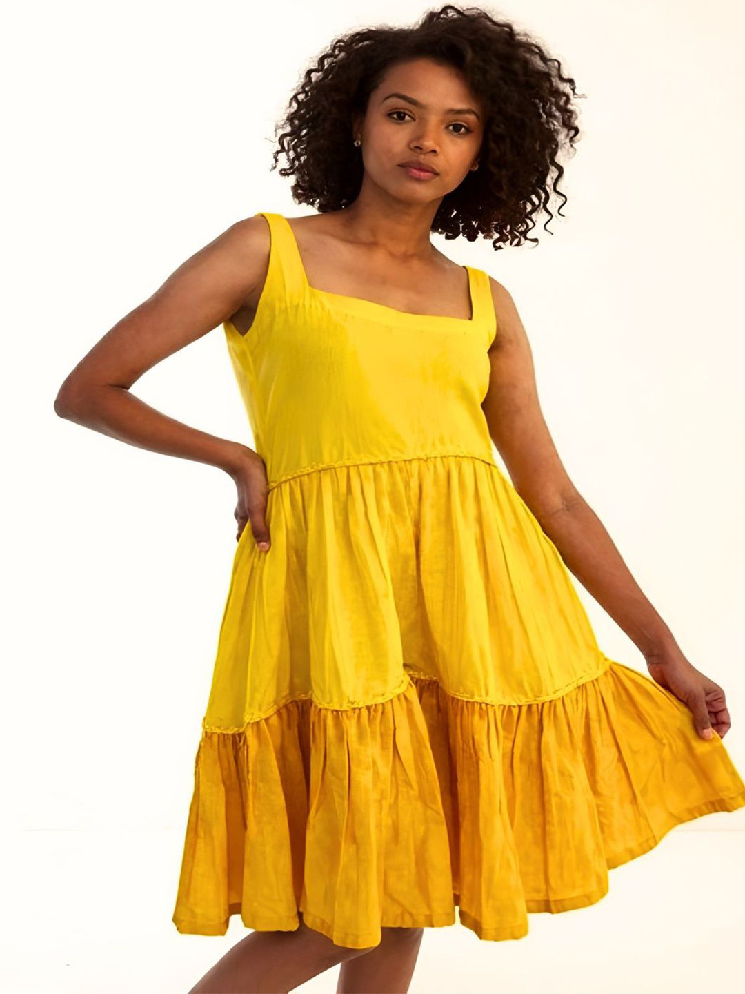 Mismatchd Women Yellow A-Line Tiered Dress