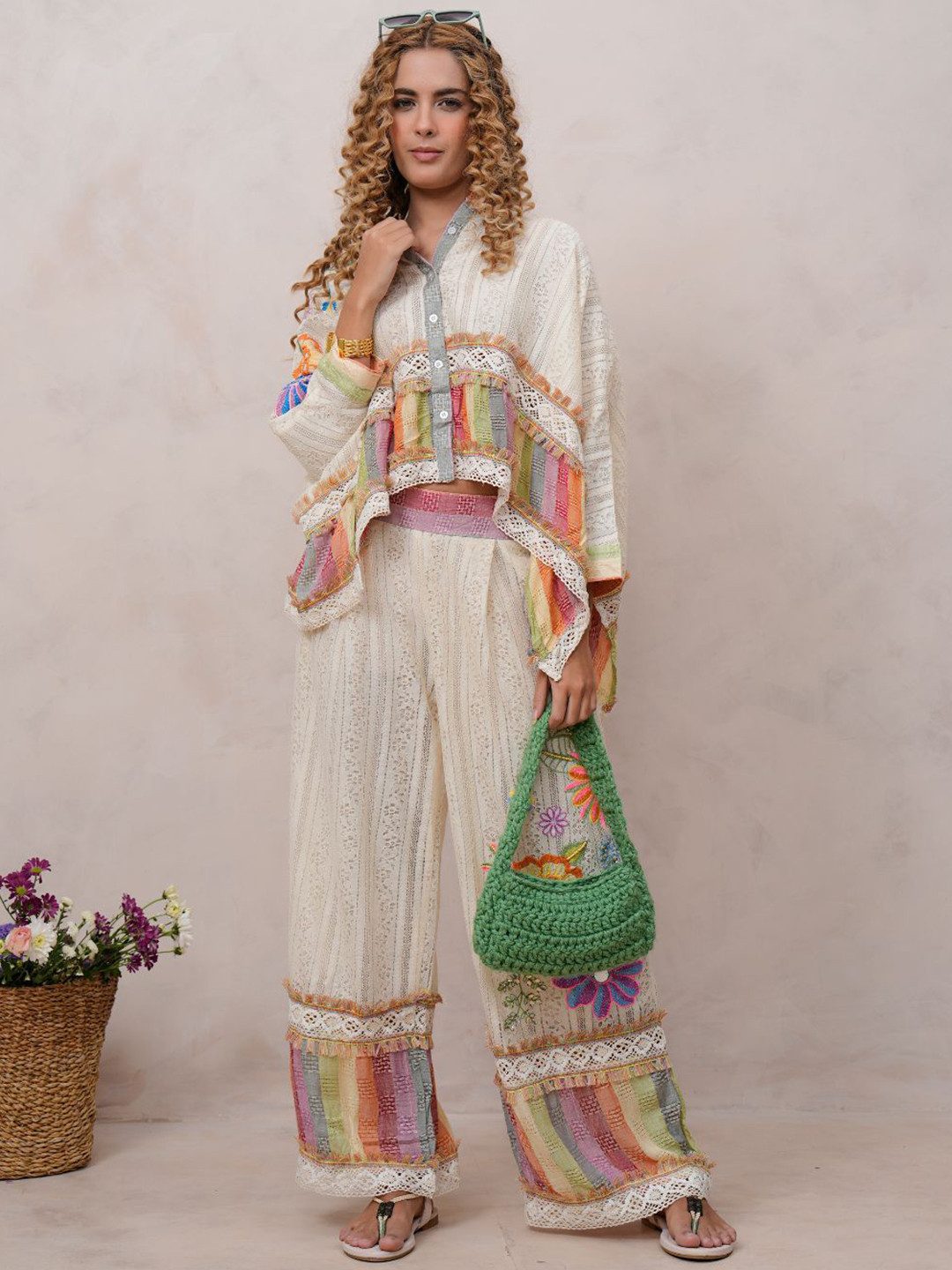 Zolo Label Floral Embroidered Extended Sleeves Shirt With Trousers