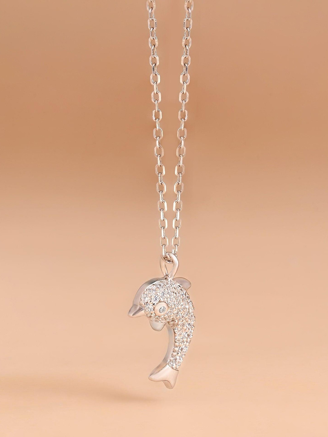 TOUCH925 925 Silver Cubic Zirconia Studded Dolphin Pendant With Chain