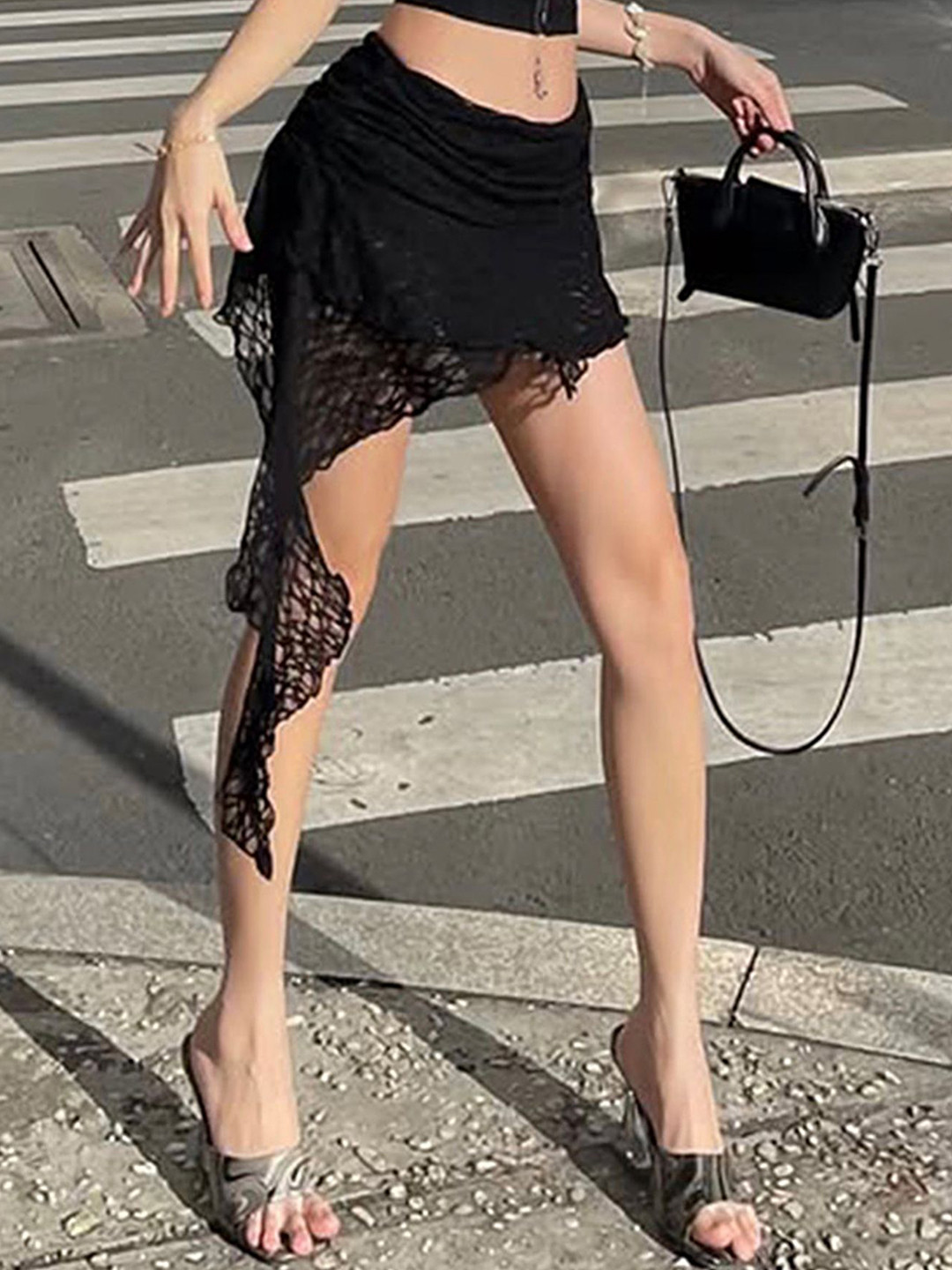 LULU & SKY Women Self-Designed Mid-Rise Lace-Trim Asymmetric A-Line Mini Skirt