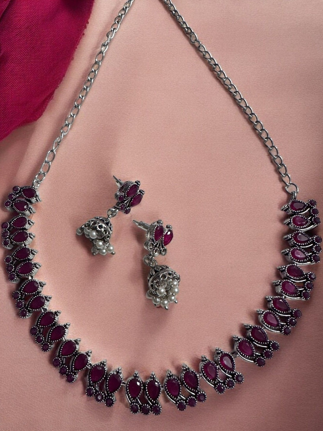 Sangria Women German Silver Red Necklace and Earrings