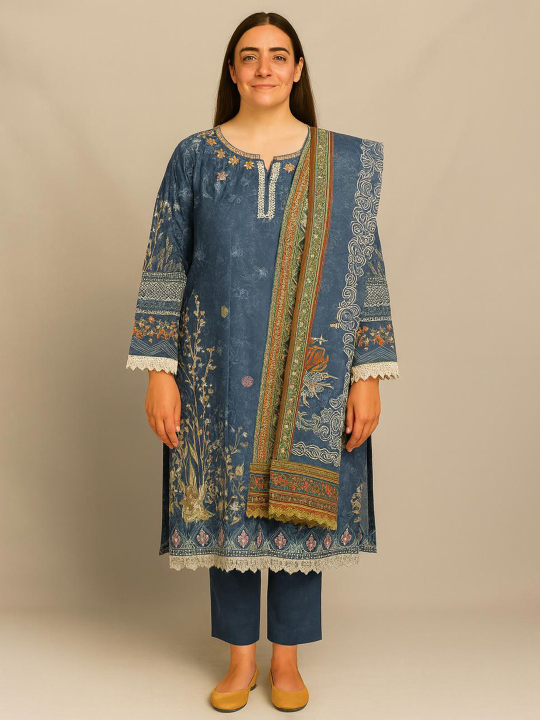 DESIGN ELEMENTS Women Blue Cotton Printed Kurta Trousers & With Dupatta