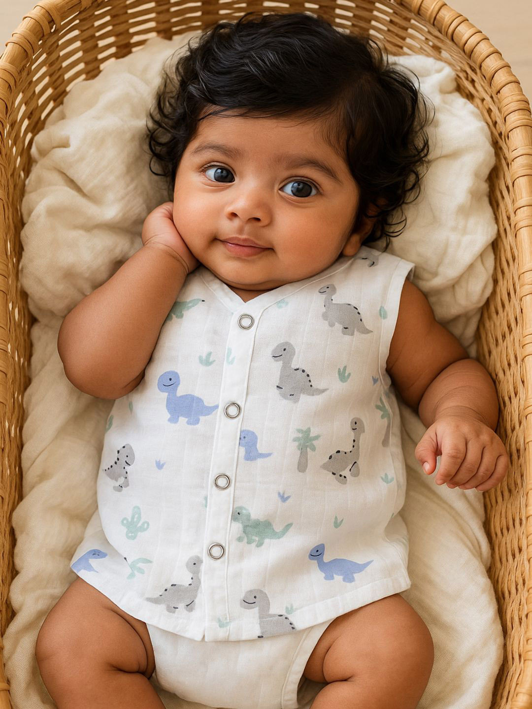 Nuego Kids Dinosaur Print Pure Organic Cotton Muslin Button Jabla