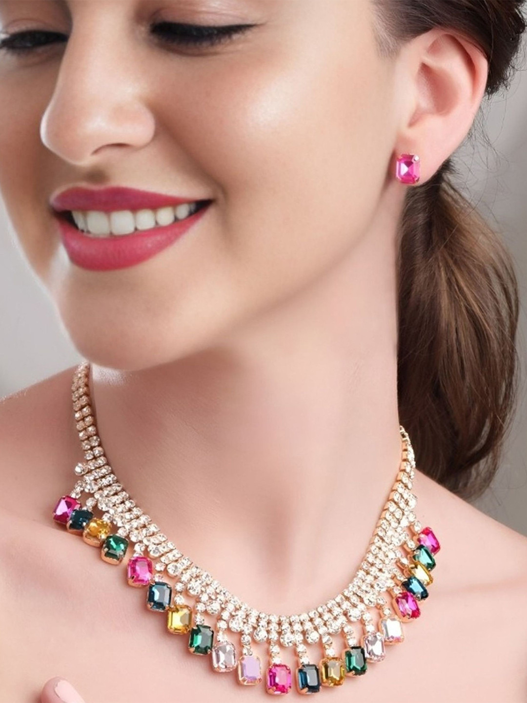 Anouk 18 K Gold Plated Multi Color Crystal AD Gemstone-Studded Jewellery Set