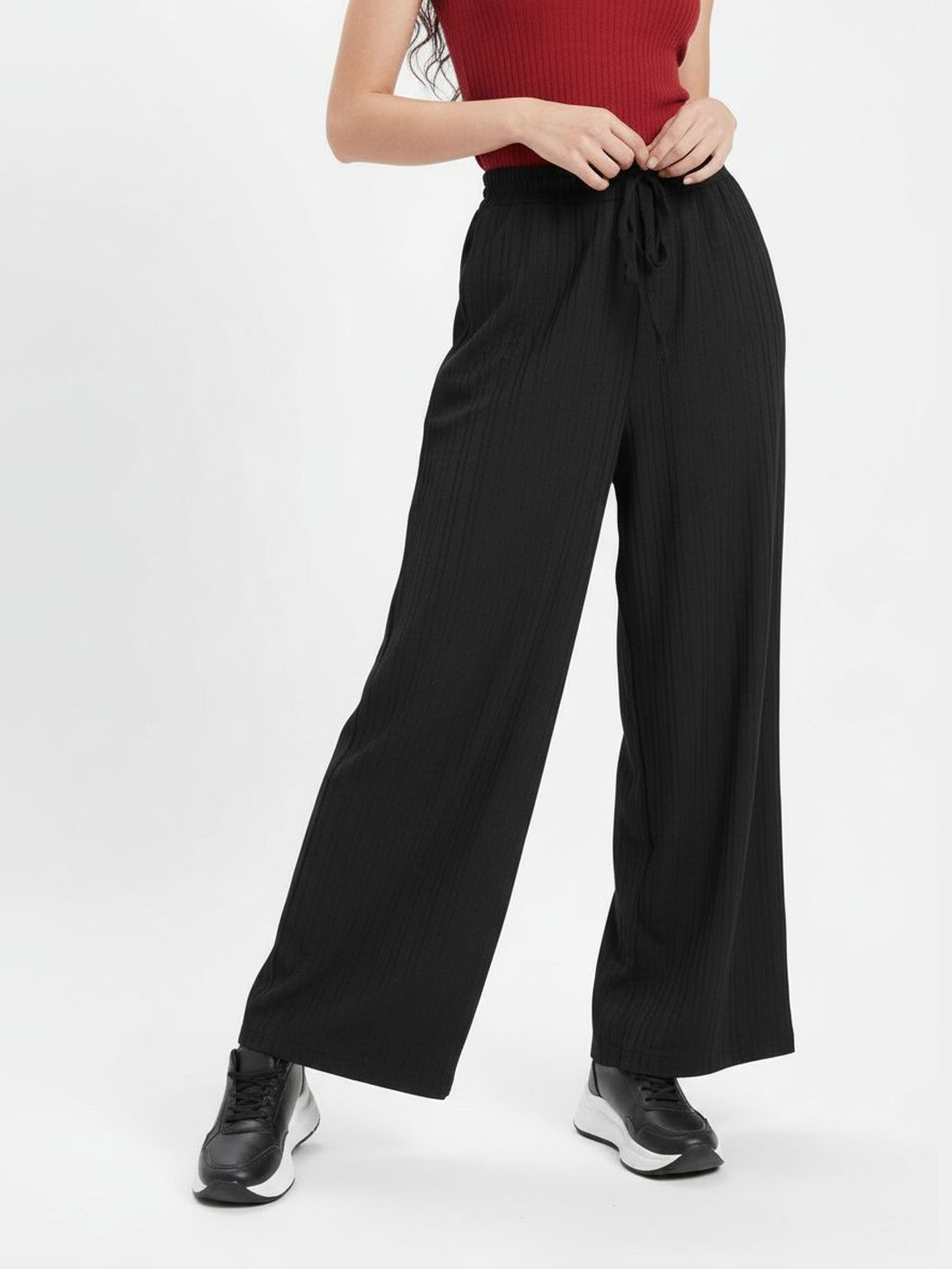 DressBerry Women Elevated Essentials Self-Striped Waist Tie-Up Trousers