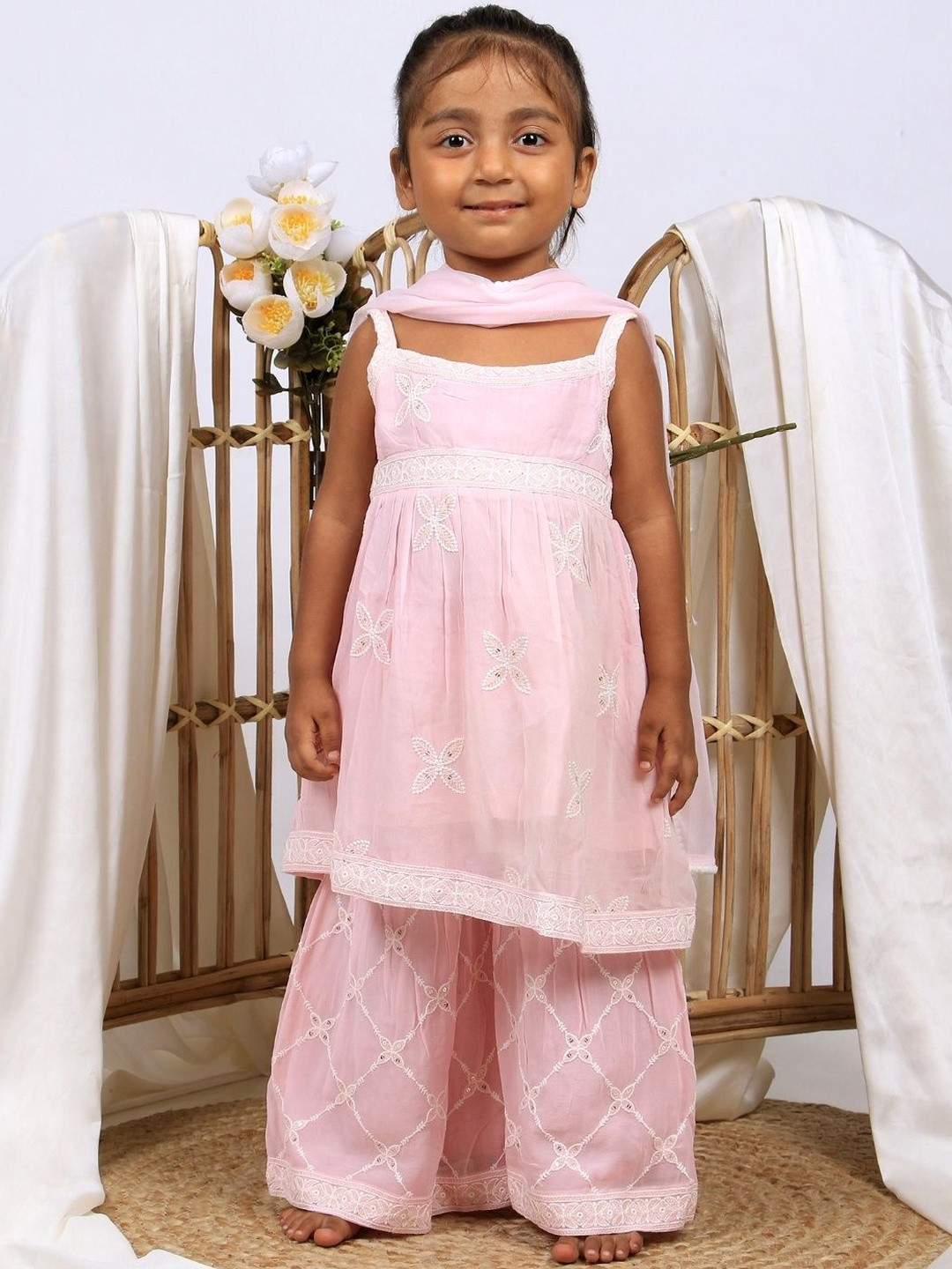 Sangria Girls Embroidered Kurti Set With Pyjamas & Dupatta