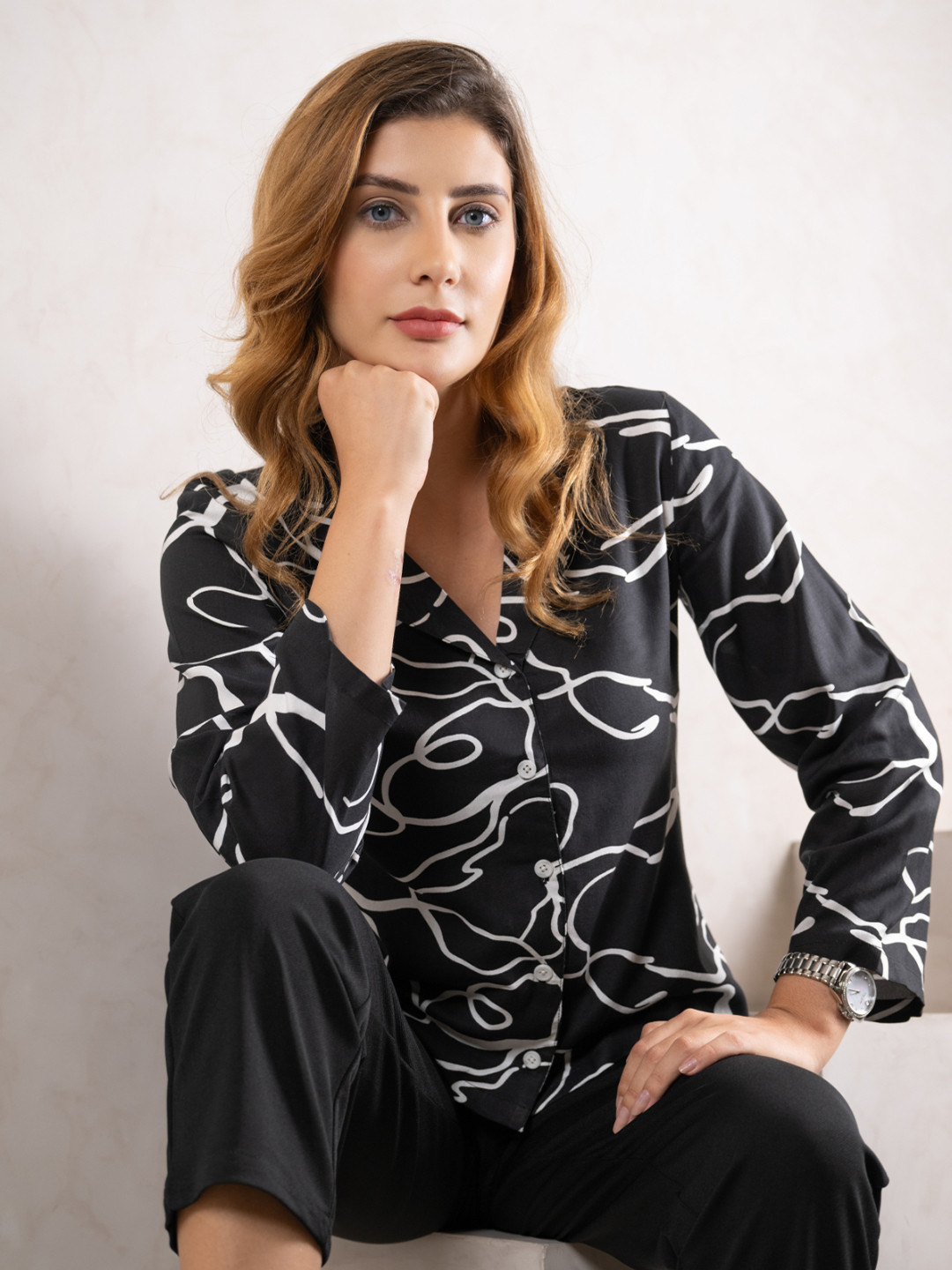 PRIDEWEAR Women Classic Fit Cuban Collar Abstract Printed Casual Shirt