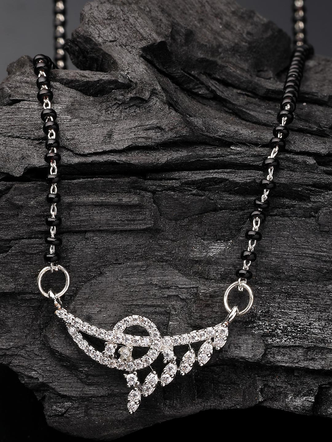 ADIVA Silver-Plated American Diamond Studded & Beaded Mangalsutra