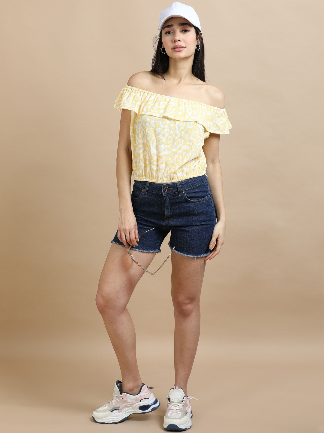 GLAM & CHIQUE Women's Relaxed Fit Abstract Printed Off-Shoulder Ruffle Top