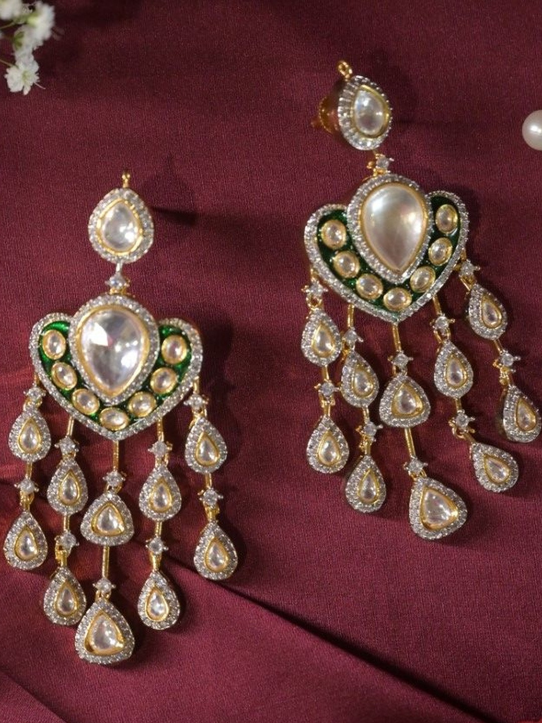 SWAN JEWELS Kundan Studded Enamelled Swan Shaped Drop Earrings
