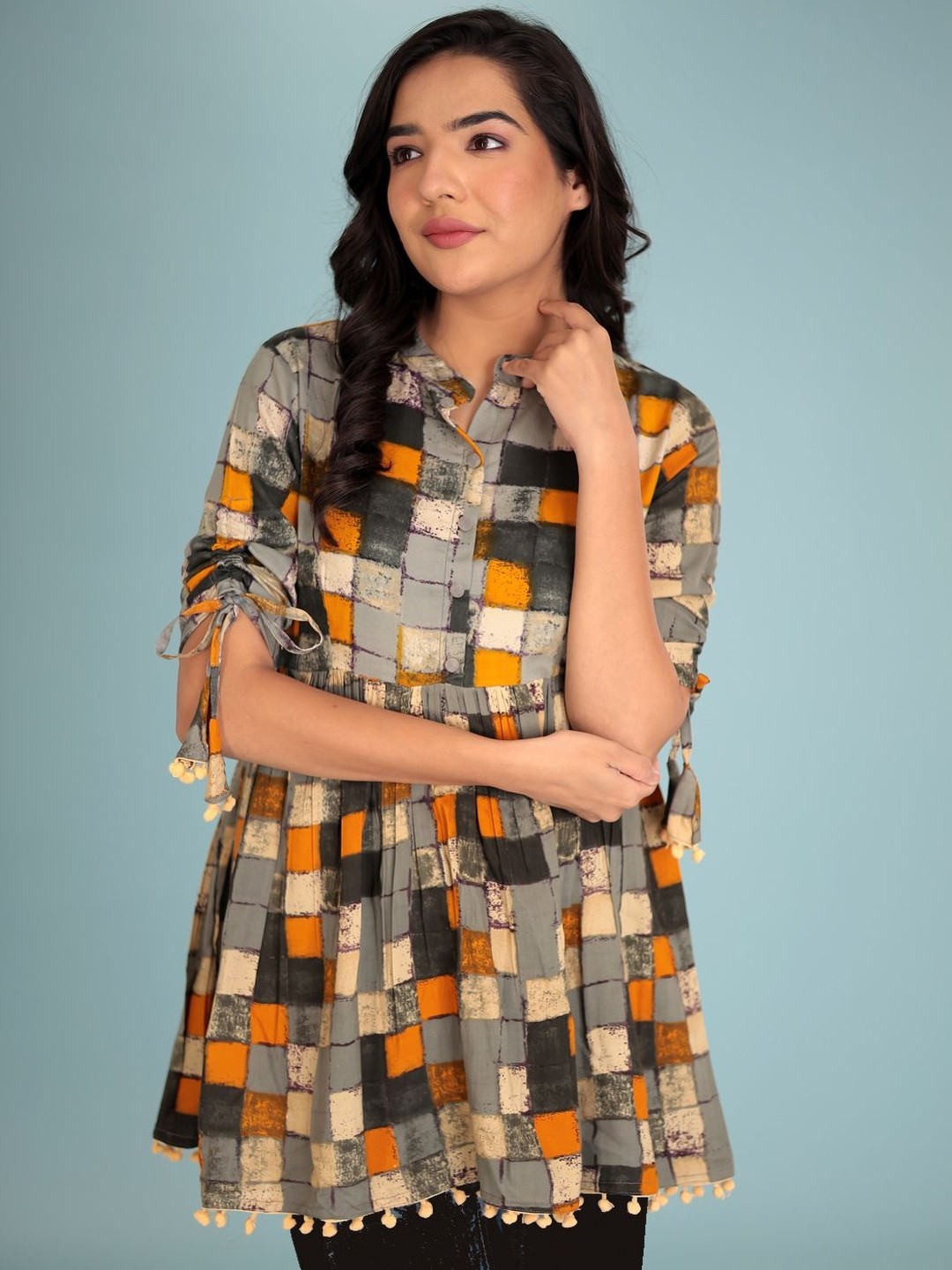 INVI Women Checked Printed Gathered or Pleated Mandarin Collar Empire Regular Top