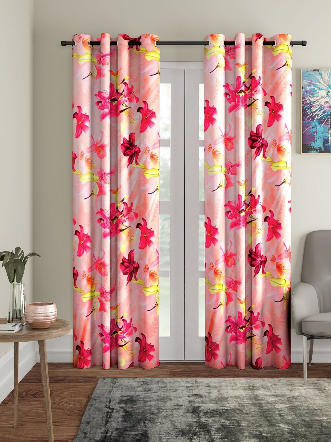 Aura Pink & Yellow 2 Pieces 3D Floral Door Curtains