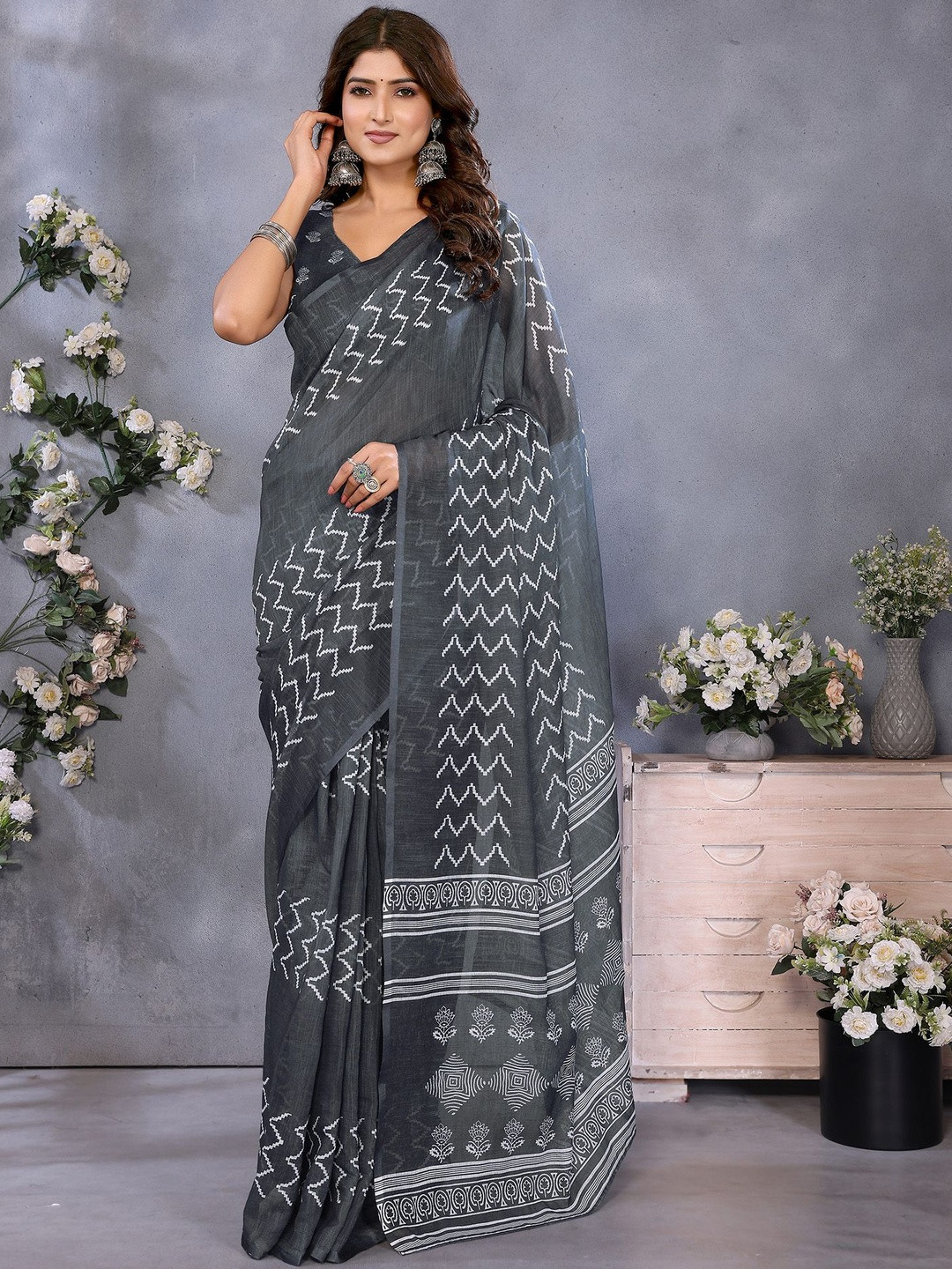 Elora Zig Zag Printed Ready To Wear Saree With Unstitched Blouse