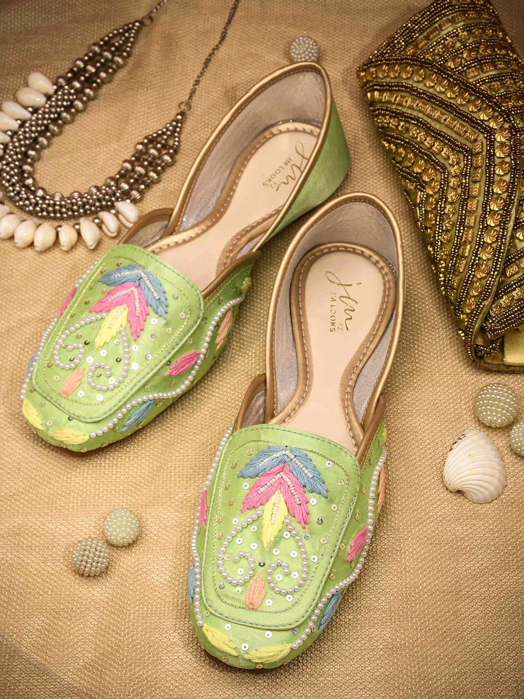 JM Looks Women Mirror Embellished Jutti with Geometric Beads