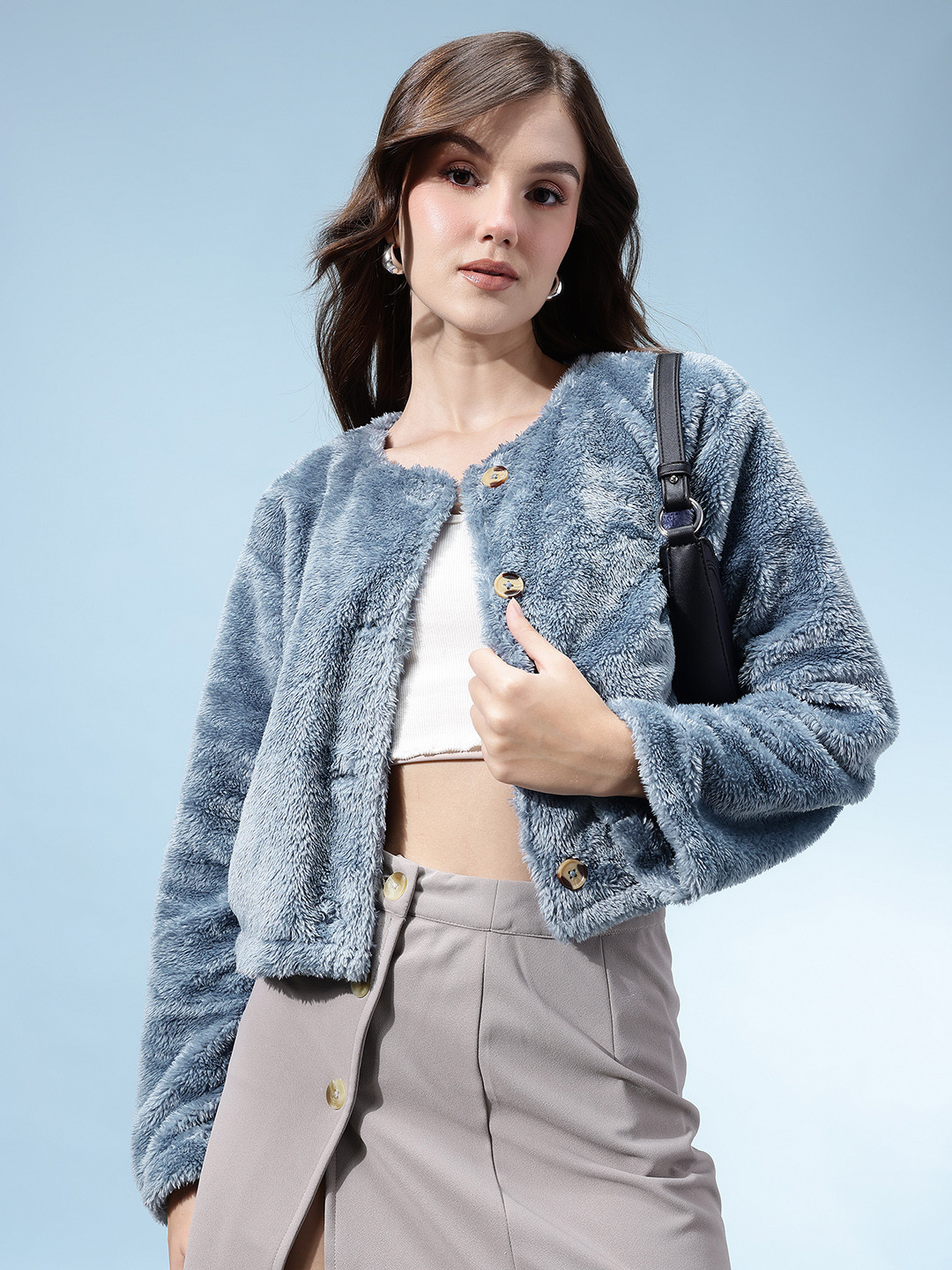glitchez Faux Fur Collarless Jacket