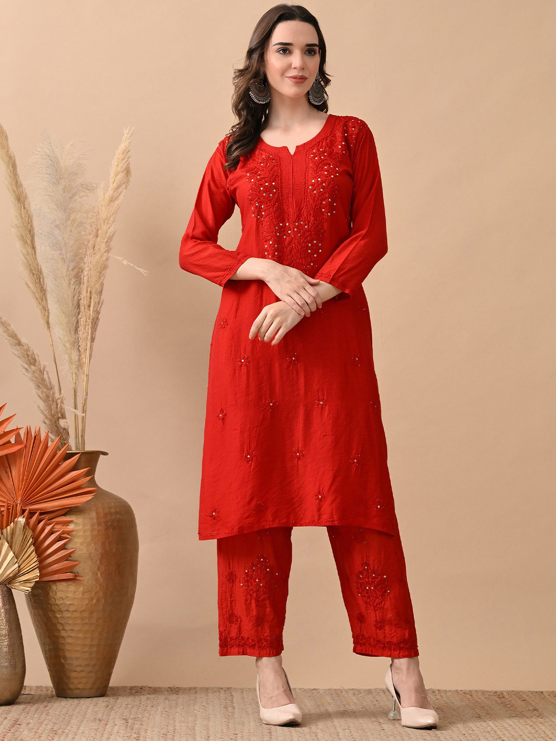Mehr-O-Maah Women Anam Chikankari Round Neck Mukaish Detailing Cherry Red Kurta