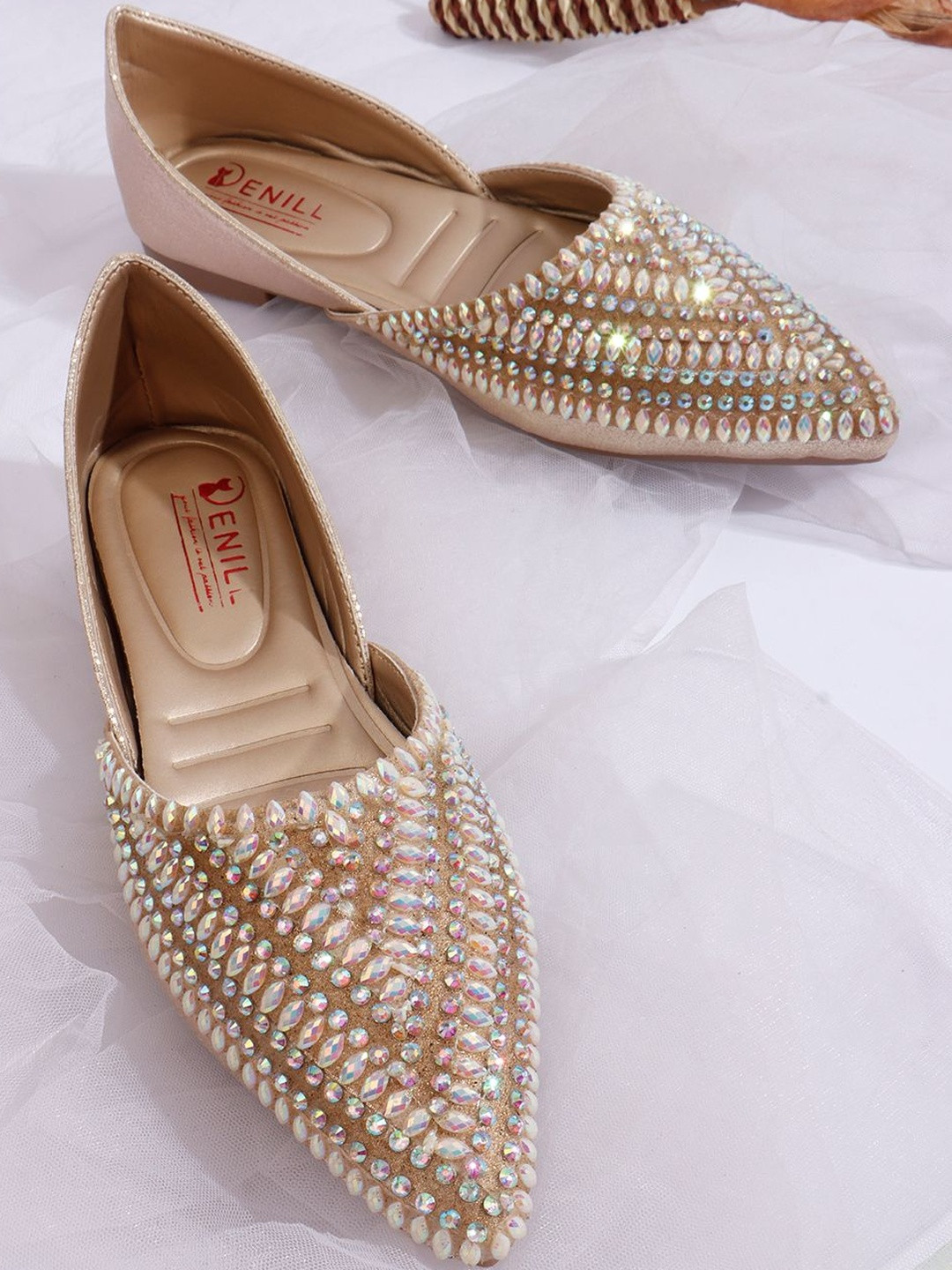 Denill Women Golden Sequins Embellished Pointed Toe Synthetic Leather Slip On Ballerinas
