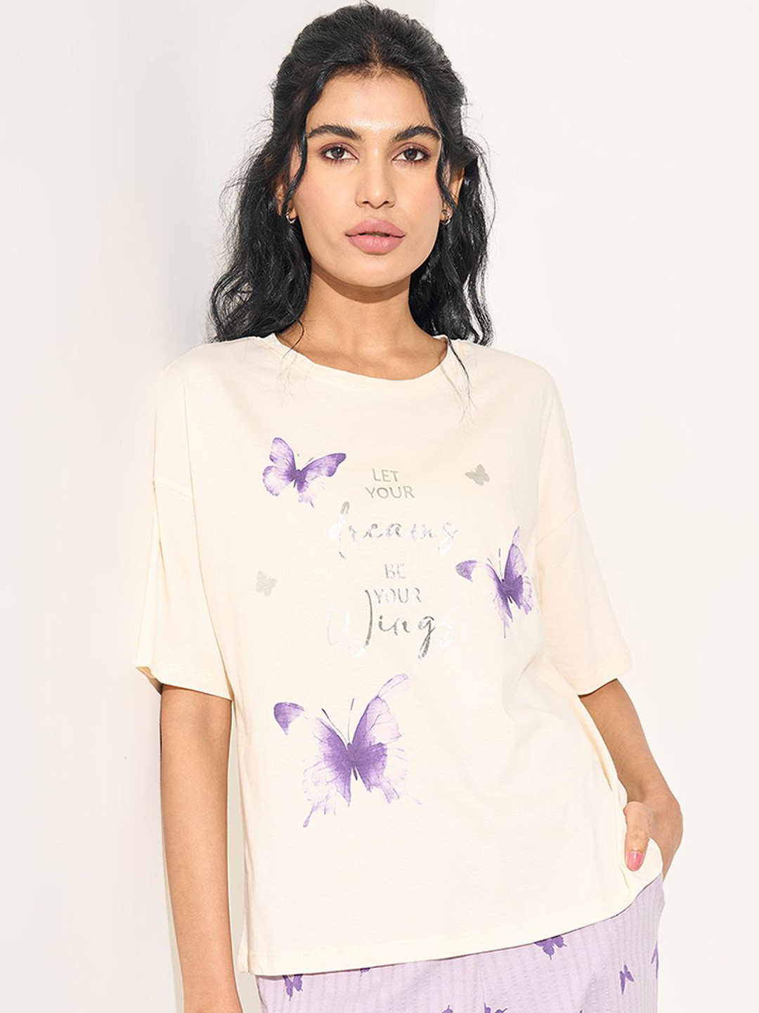 Dreamz by Pantaloons Women Butterfly Printed & Slogan Pure Cotton Lounge T-Shirt
