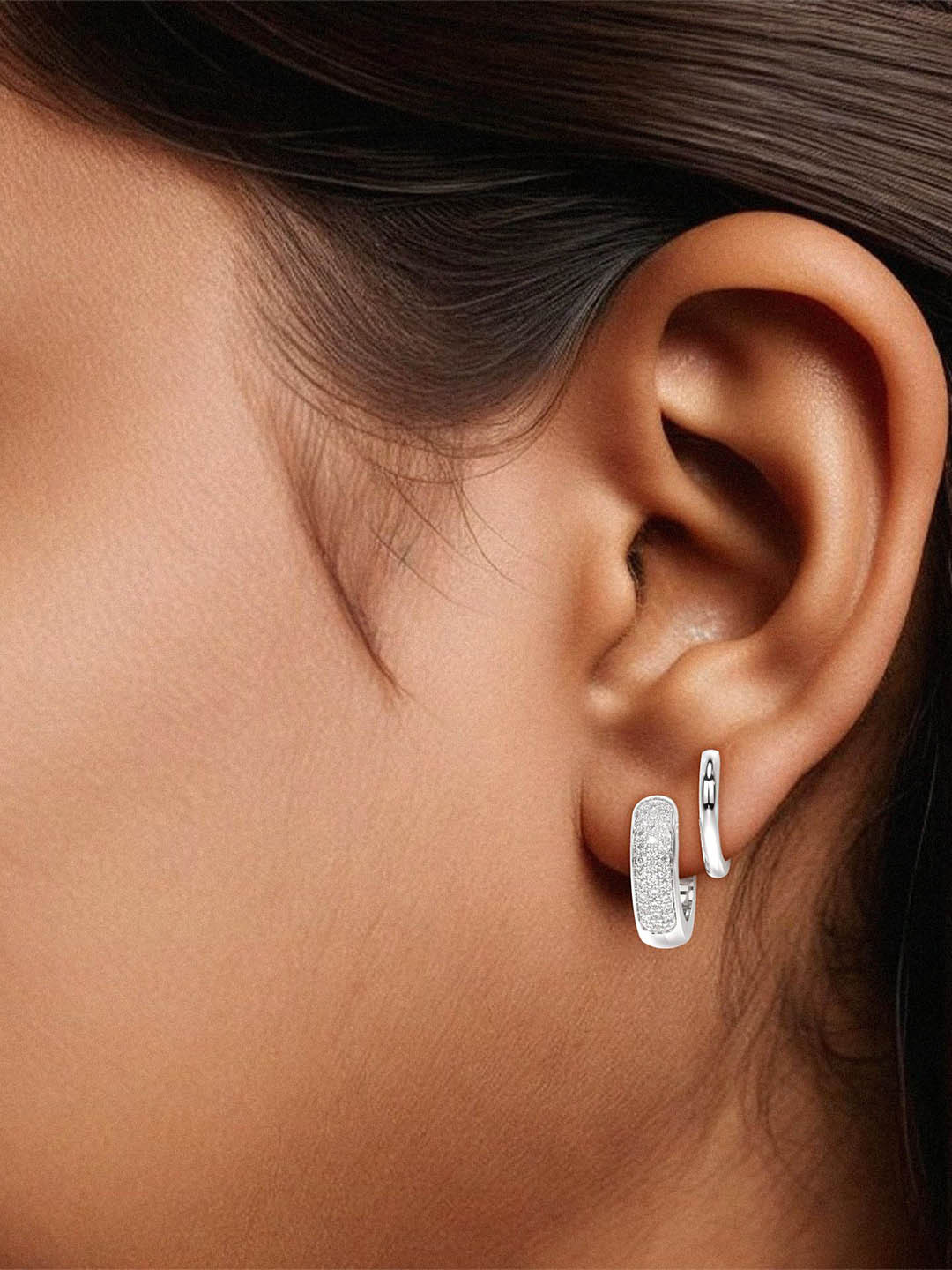 AILYAK Women 18kt White Gold Plated Zirconia Diamond Studded Double Hoop Earrings