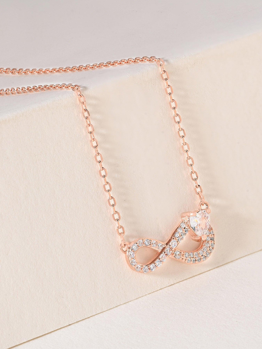 TOUCH925 Unisex Silver Rose Gold-Plated Cubic Zirconia Studded Infinity Necklace