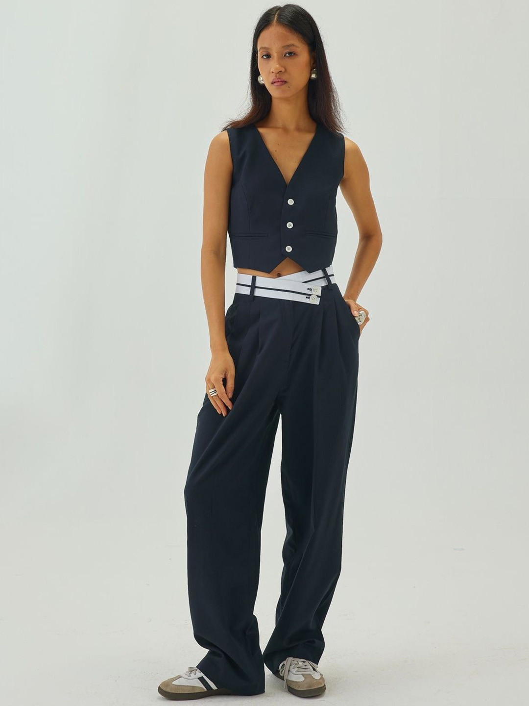 Shop Staple Women Navy Blue V-Neck Cropped Waistcoat