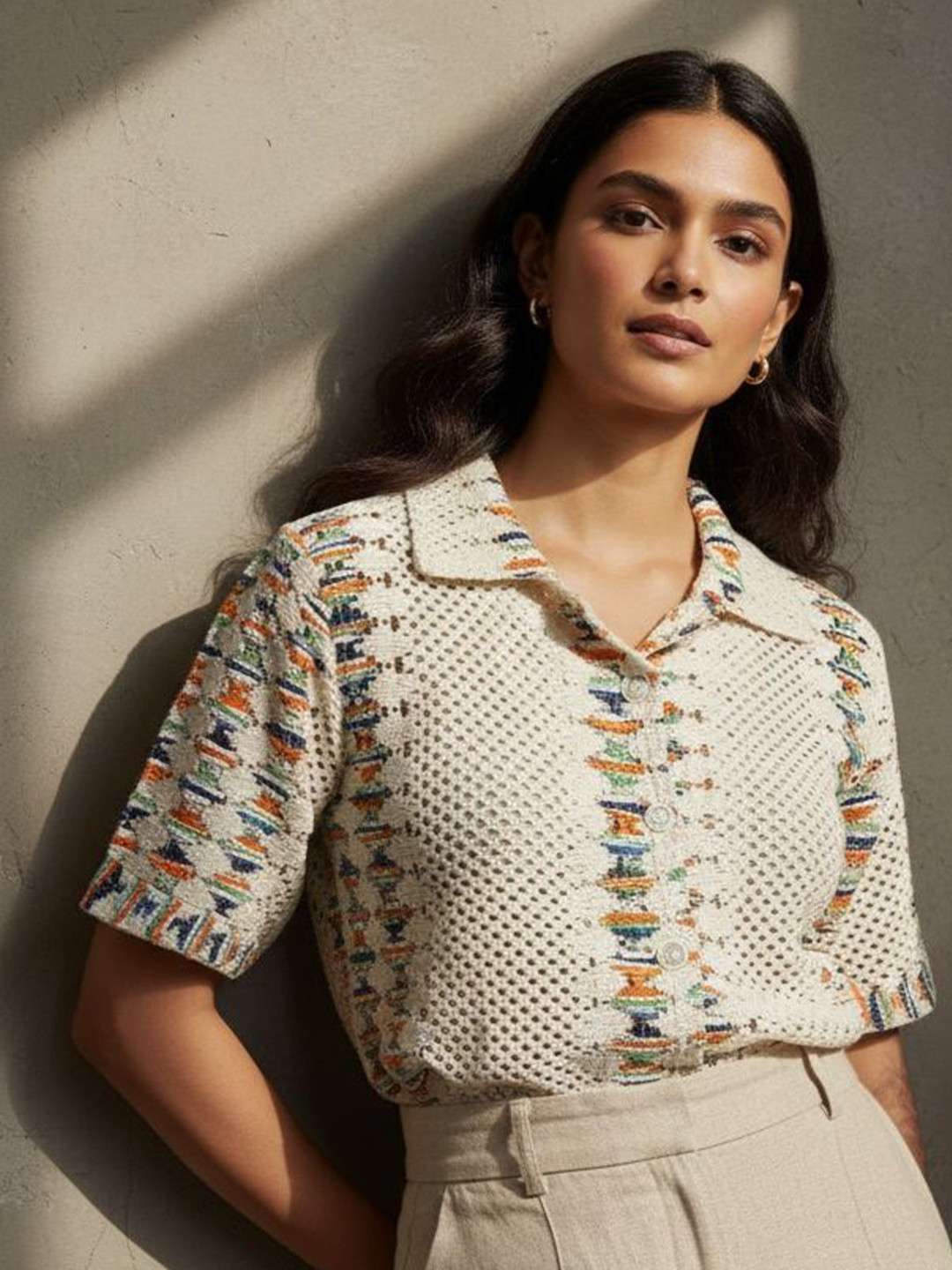 R.Code by The Roadster Life Co. Textured Semi Sheer Cotton Casual Knitted Shirt