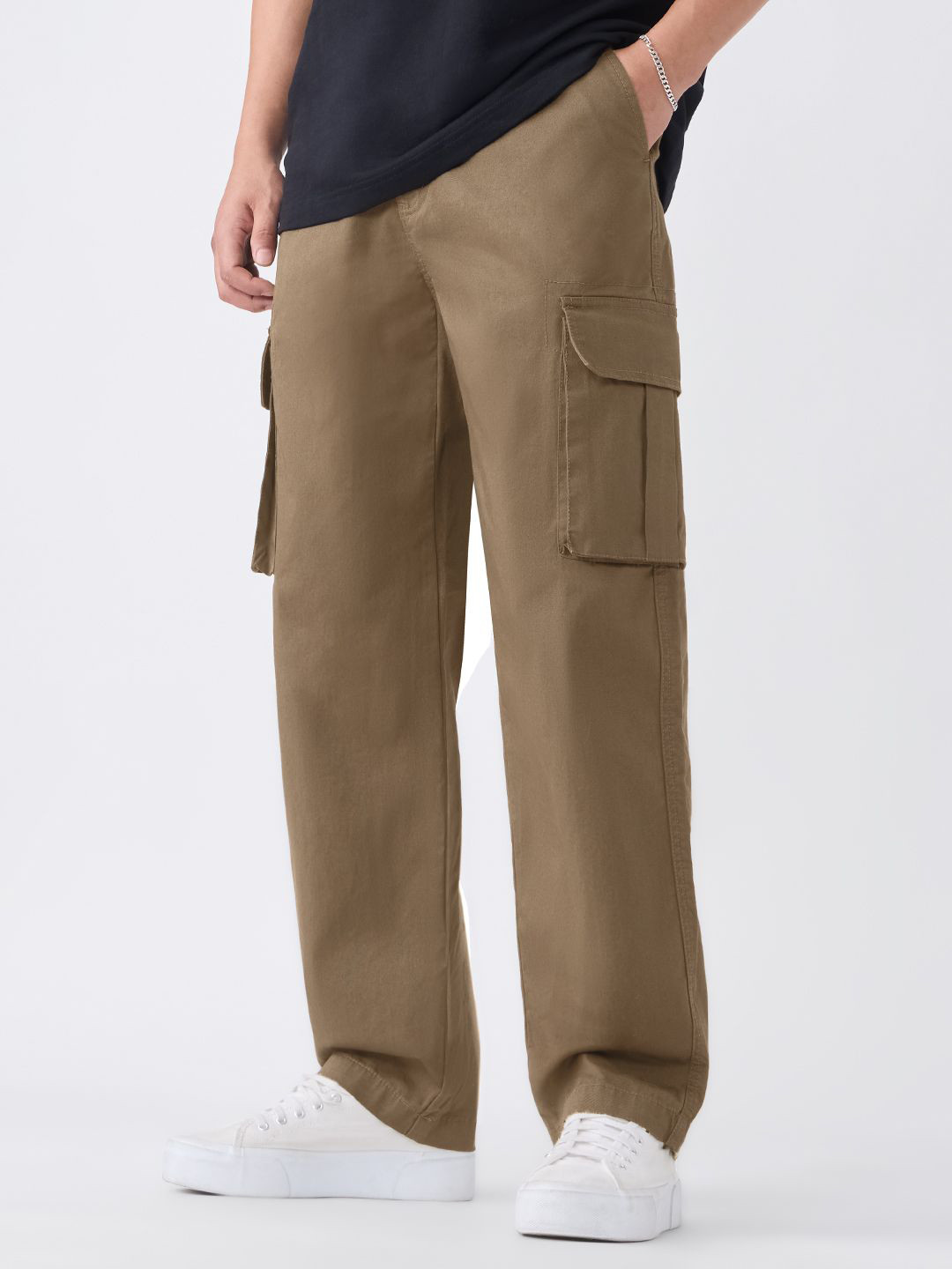 The Souled Store Latte Dust Men Straight Fit Cargos Trousers