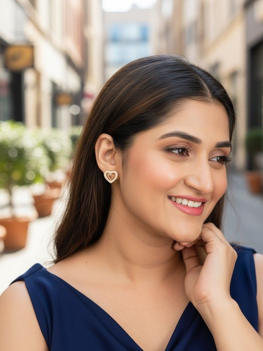 Nilu's Collection Rose Gold-Plated American Diamond Studded Heart Shaped Studs