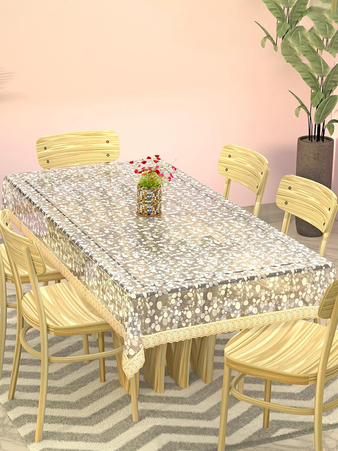 Kuber Industries Transparent & Golden Self Design 6-Seater Rectangular Table Cover