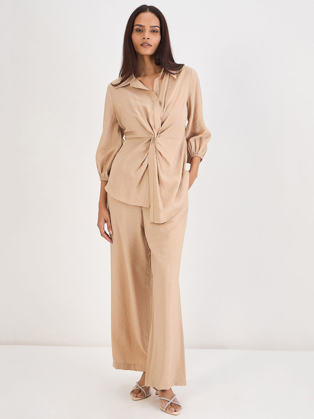 FEMMELLA Shirt Collar Knot Textured Top With Trousers