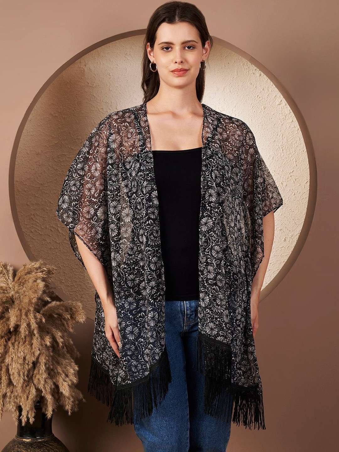 CORSICA Women Chiffon Floral Crop Woven Kimono Jacket