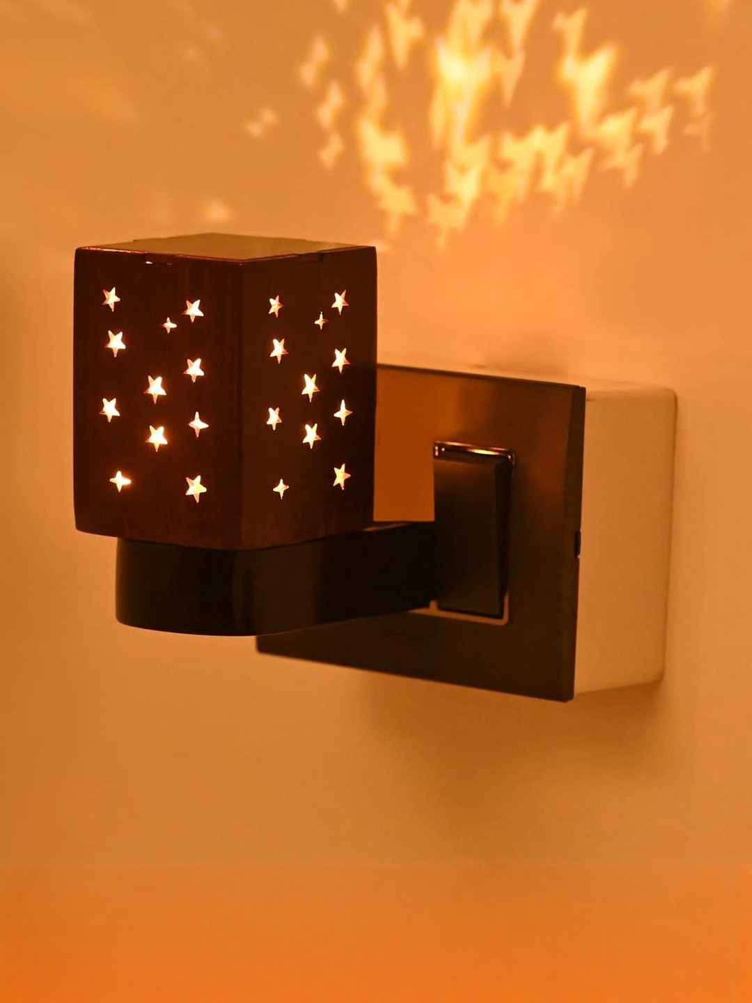 1ST TIME Brown Traditional Rectangle Shaped Star Wood Textured Wall Lamp