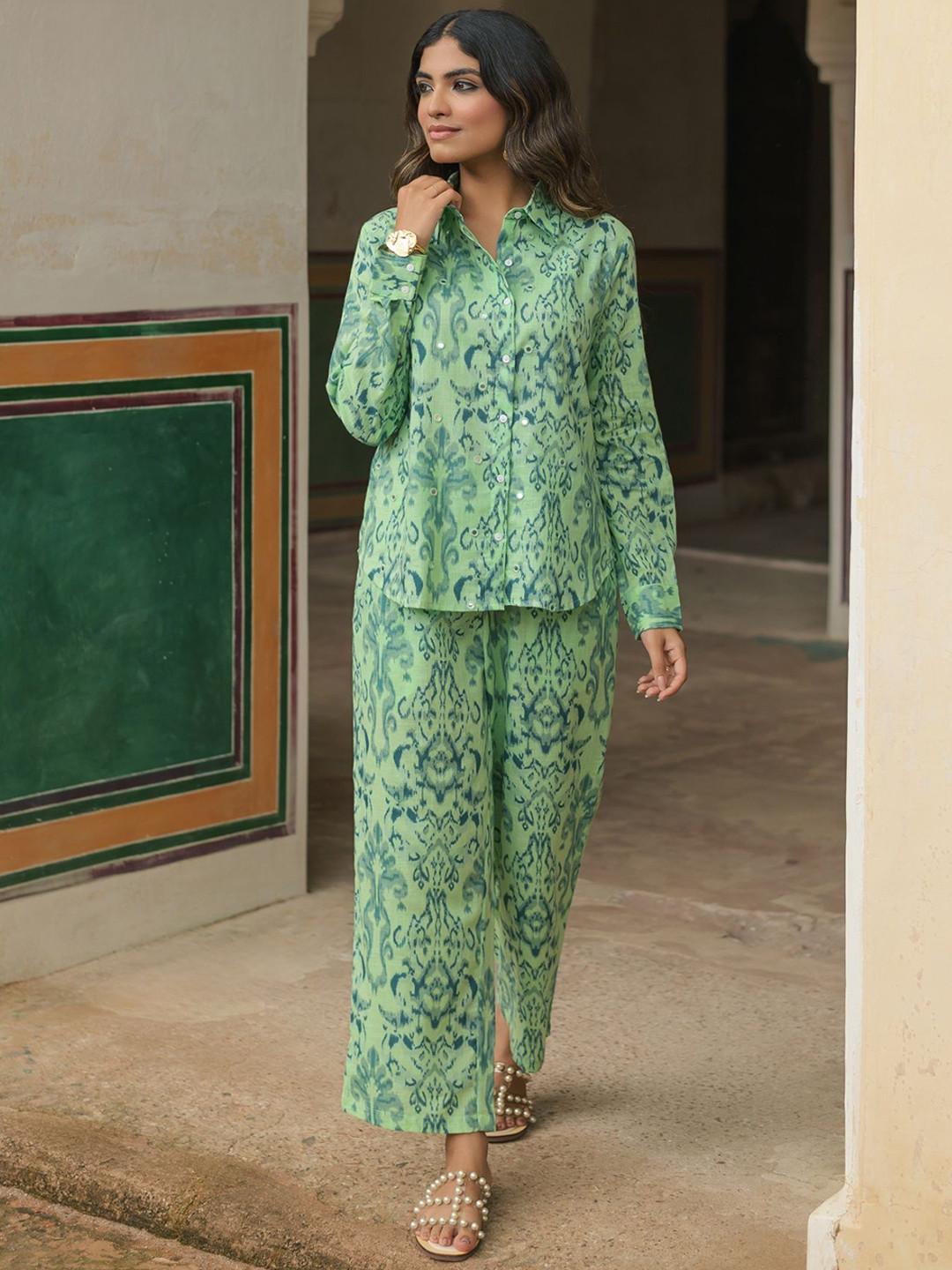 NAAV Women Green Printed Cotton Shirt Collar Long Sleeves Casual Co-Ords Set