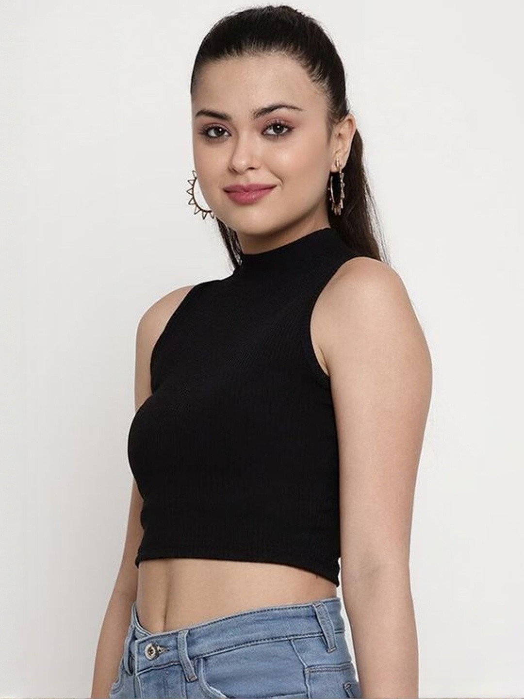 ANN SPRINGS Women Black Ribbed High Neck Crop Tank Top