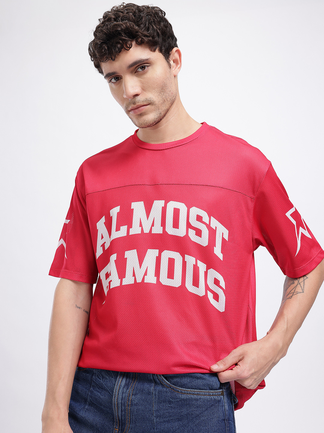 glitchez Printed Perforated Mesh Paneled Oversized T-shirt