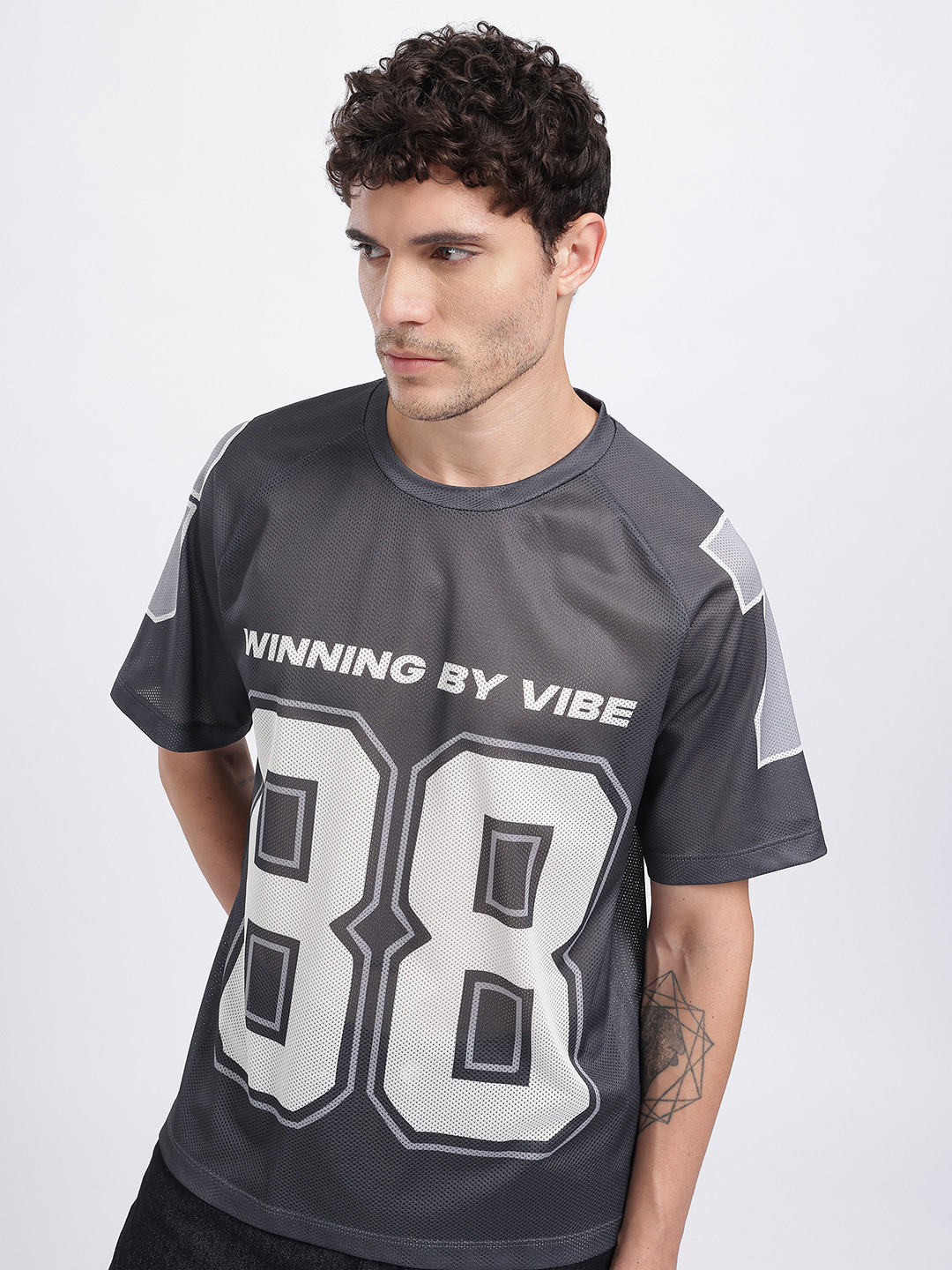 glitchez Typography Printed Raglan Sleeves T-shirt with Mesh Inserts
